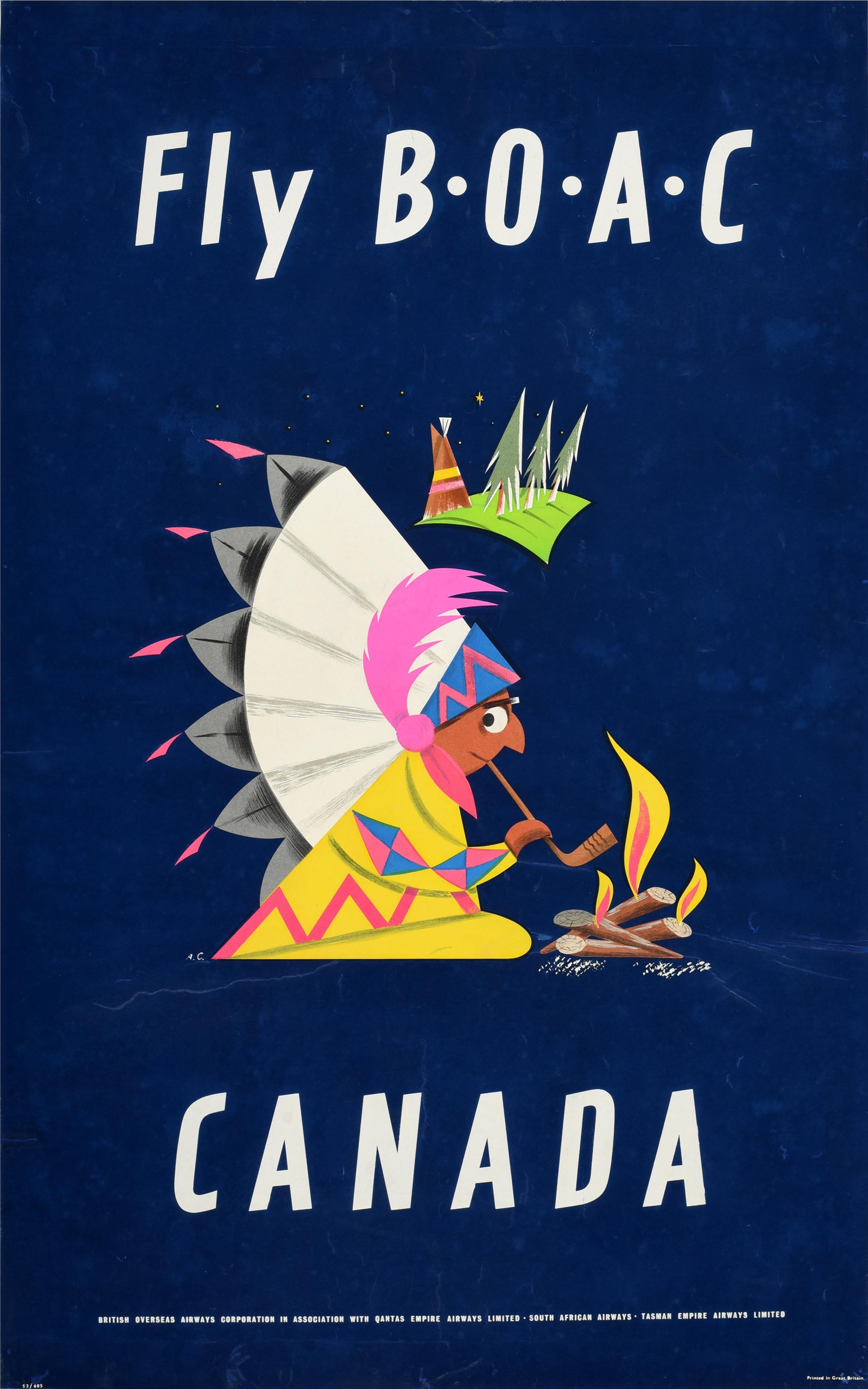 Original vintage silkscreen travel poster for Canada Fly BOAC British Overseas Airways Corporation in Association with Qantas Empire Airways Limited South African Airways Tasman Empire Airways Limited featuring colourful artwork by the Italian