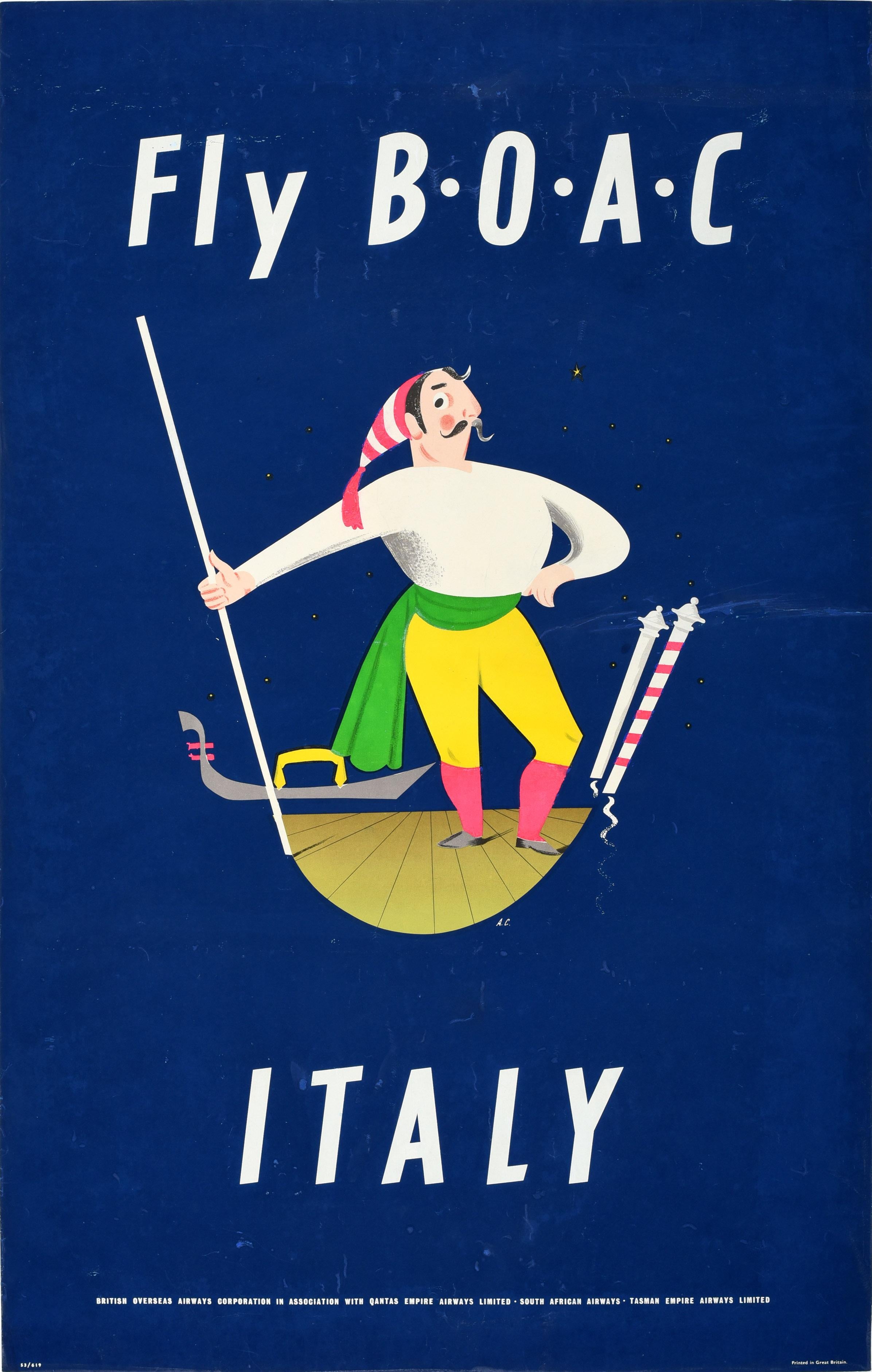 Original vintage silkscreen travel poster for Italy Fly BOAC British Overseas Airways Corporation in Association with Qantas Empire Airways Limited South African Airways Tasman Empire Airways Limited featuring colourful artwork by the Italian artist