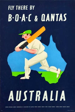 Original Retro Travel Poster BOAC QANTAS Airlines Australia Cricket Map Design