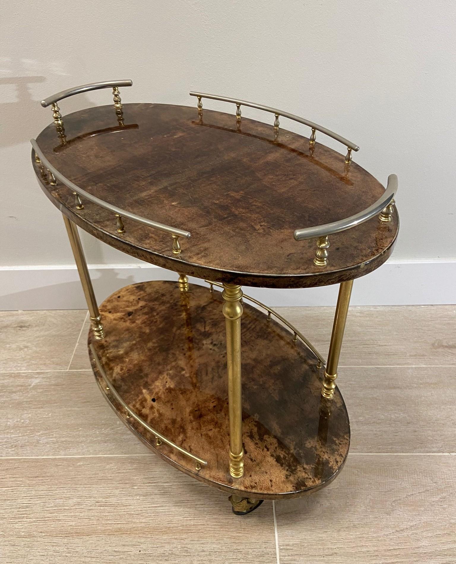 Aldo Tura Italian Brown Bar cart try table, goatskin, brass, label In Good Condition In Valladolid, ES