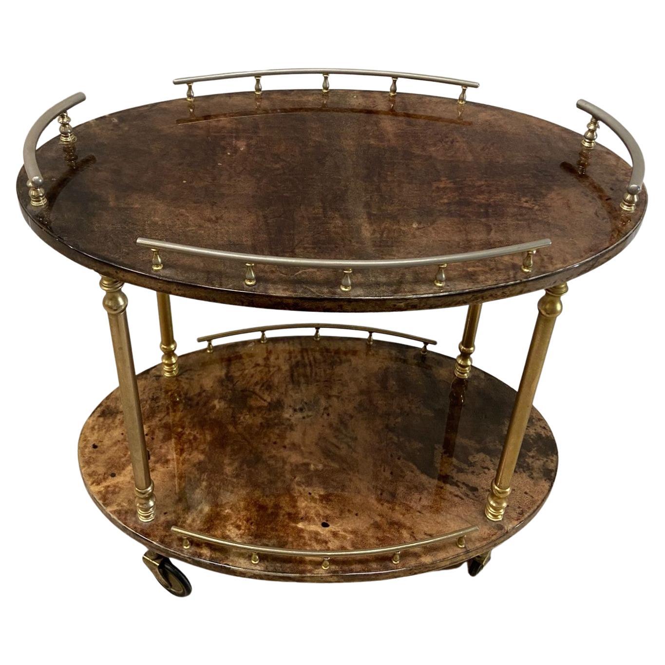Aldo Tura Italian Brown Bar cart try table, goatskin, brass, label