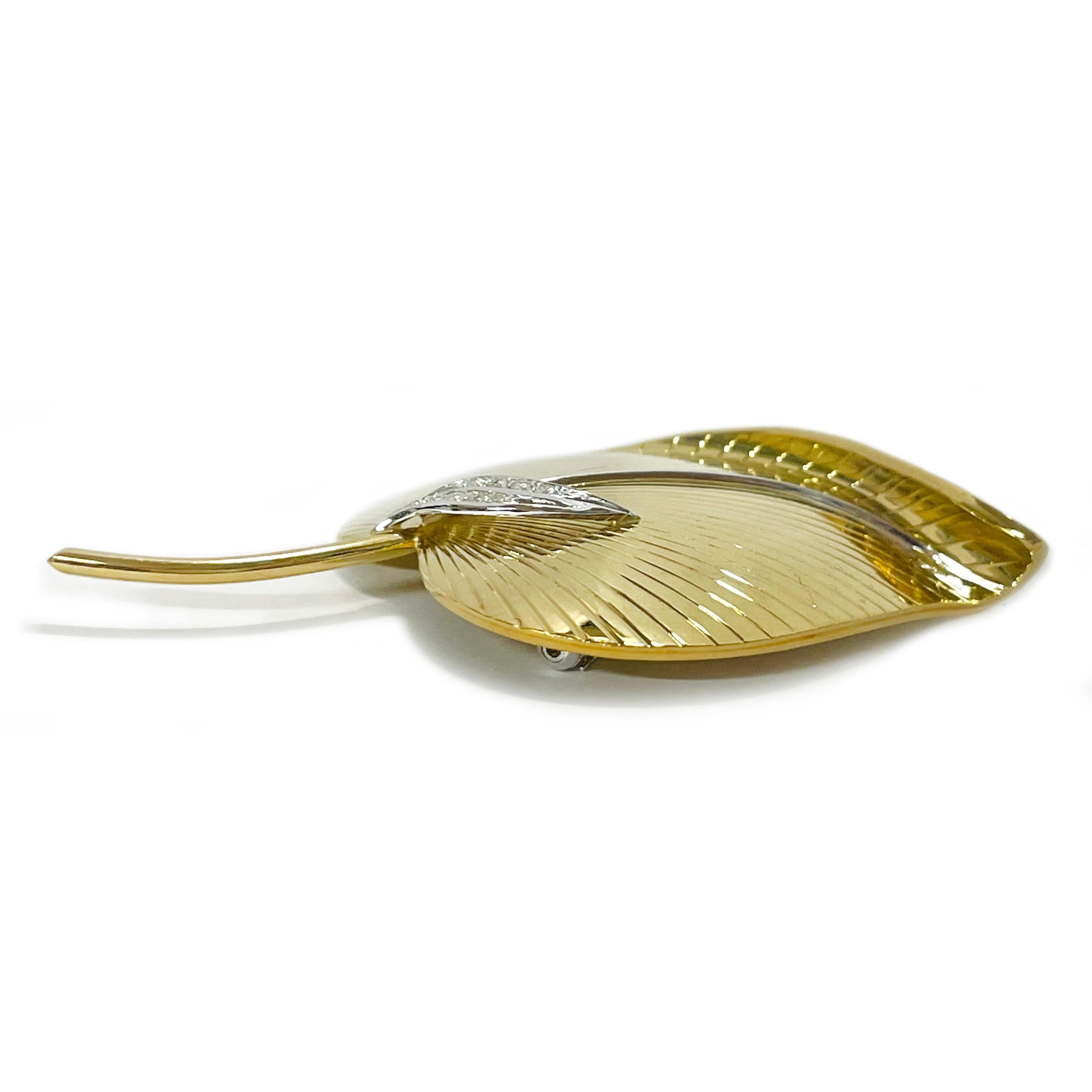 Retro Aldo Garavelli Yellow Gold Fluted Diamond Leaf Brooch For Sale