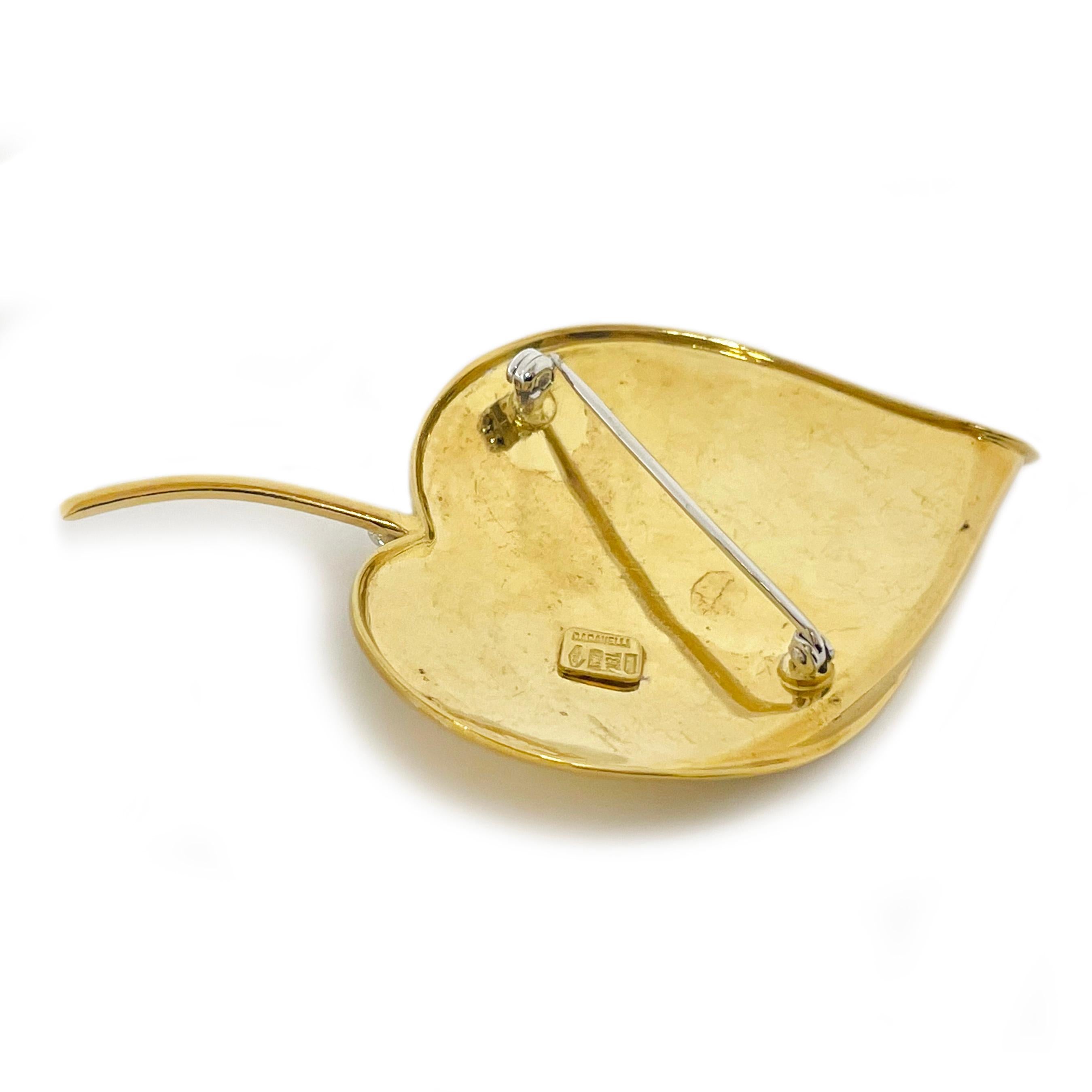 Brilliant Cut Aldo Garavelli Yellow Gold Fluted Diamond Leaf Brooch For Sale