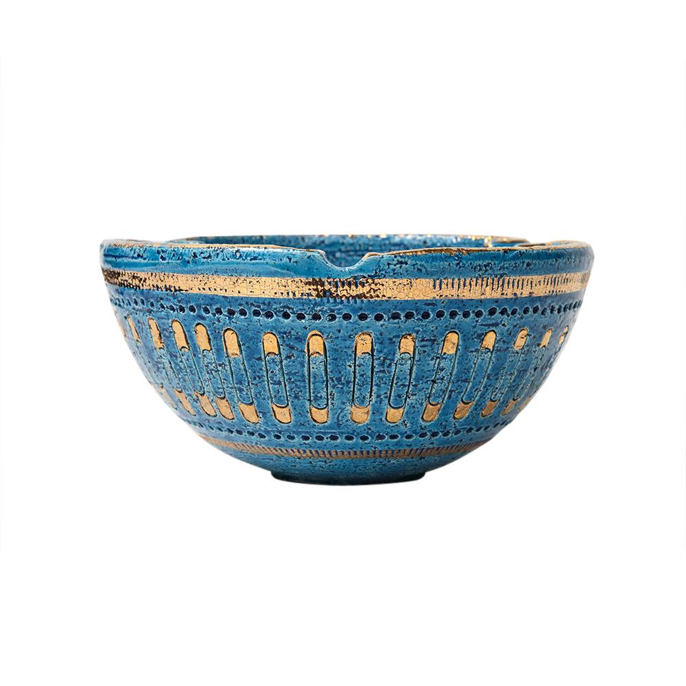 Mid-Century Modern Aldo Londi Bitossi Cendrier, céramique, épingle à nourrice, bleu, or, signé  en vente