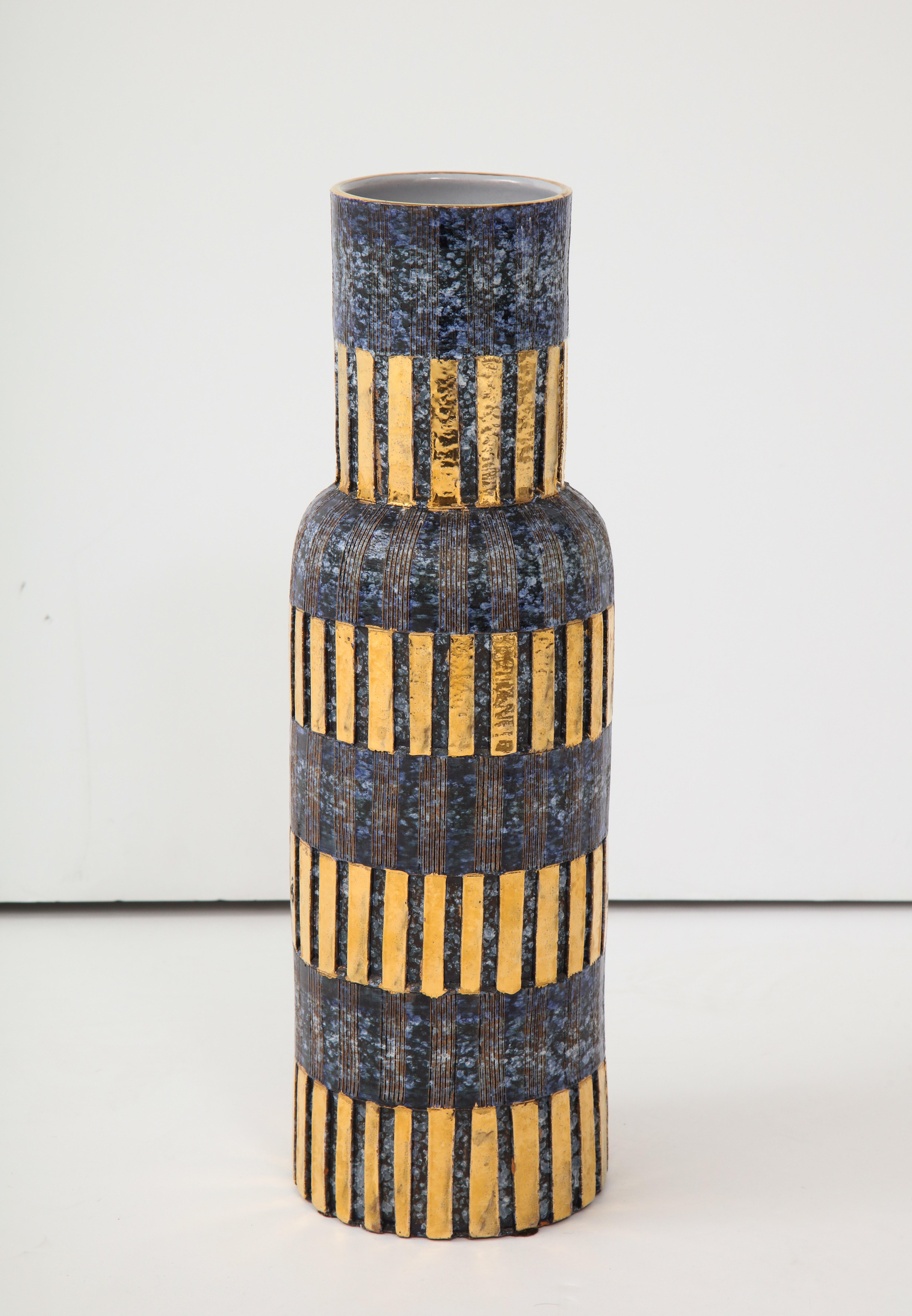 Mid-Century Modern Aldo Londi, Bitossi Blue and Gold Ceramic Vase