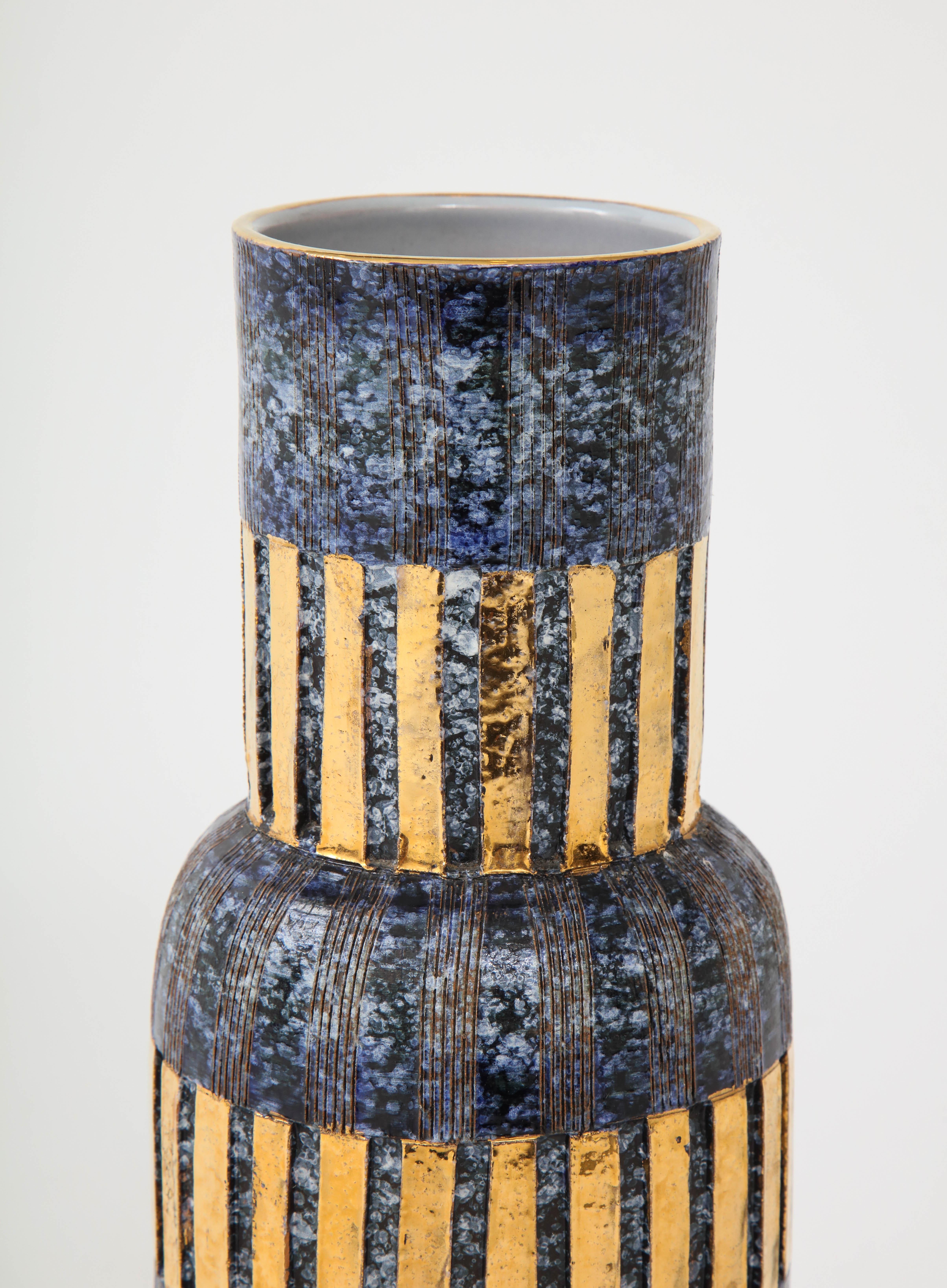 Italian Aldo Londi, Bitossi Blue and Gold Ceramic Vase