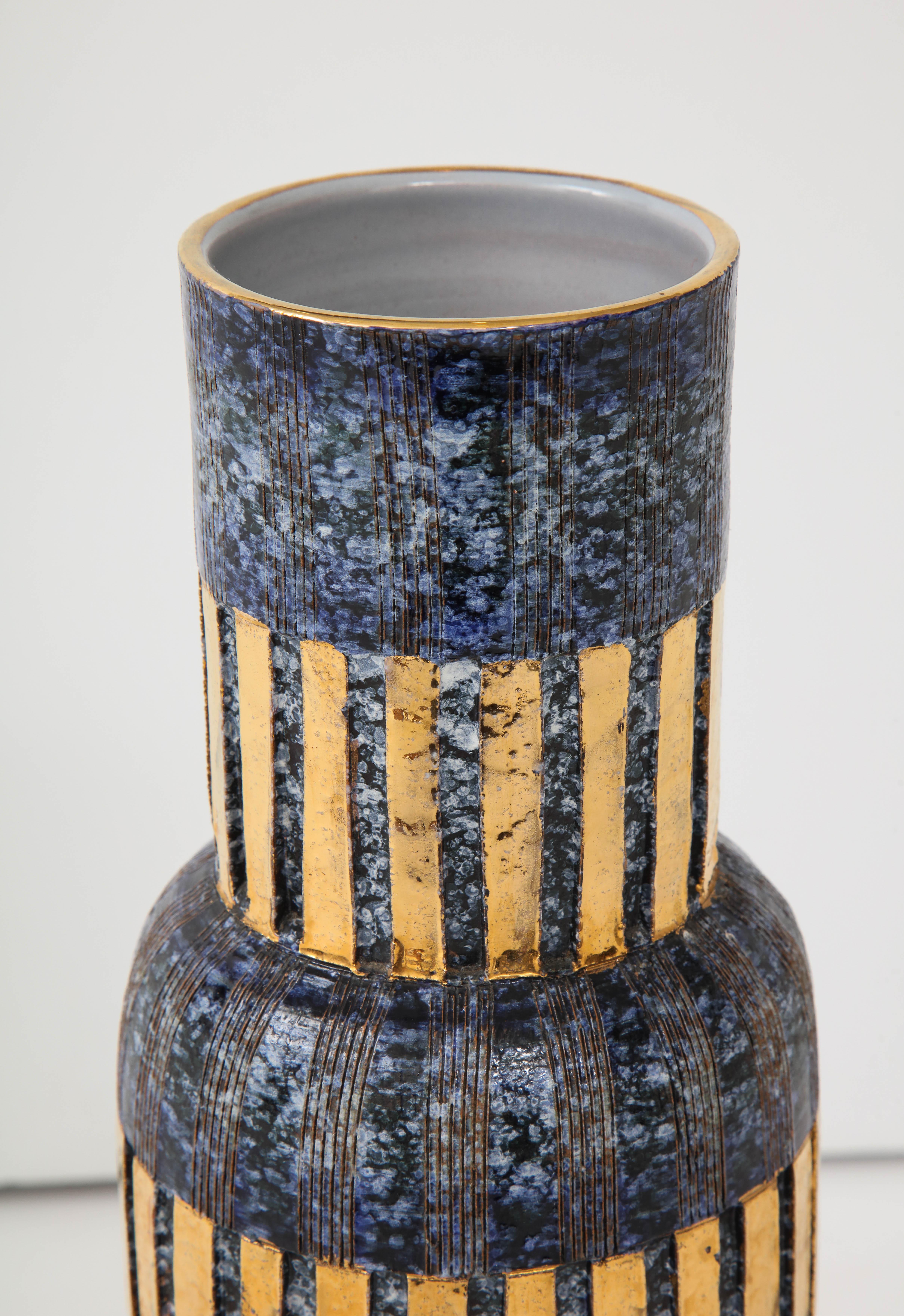 Aldo Londi, Bitossi Blue and Gold Ceramic Vase In Excellent Condition In New York, NY