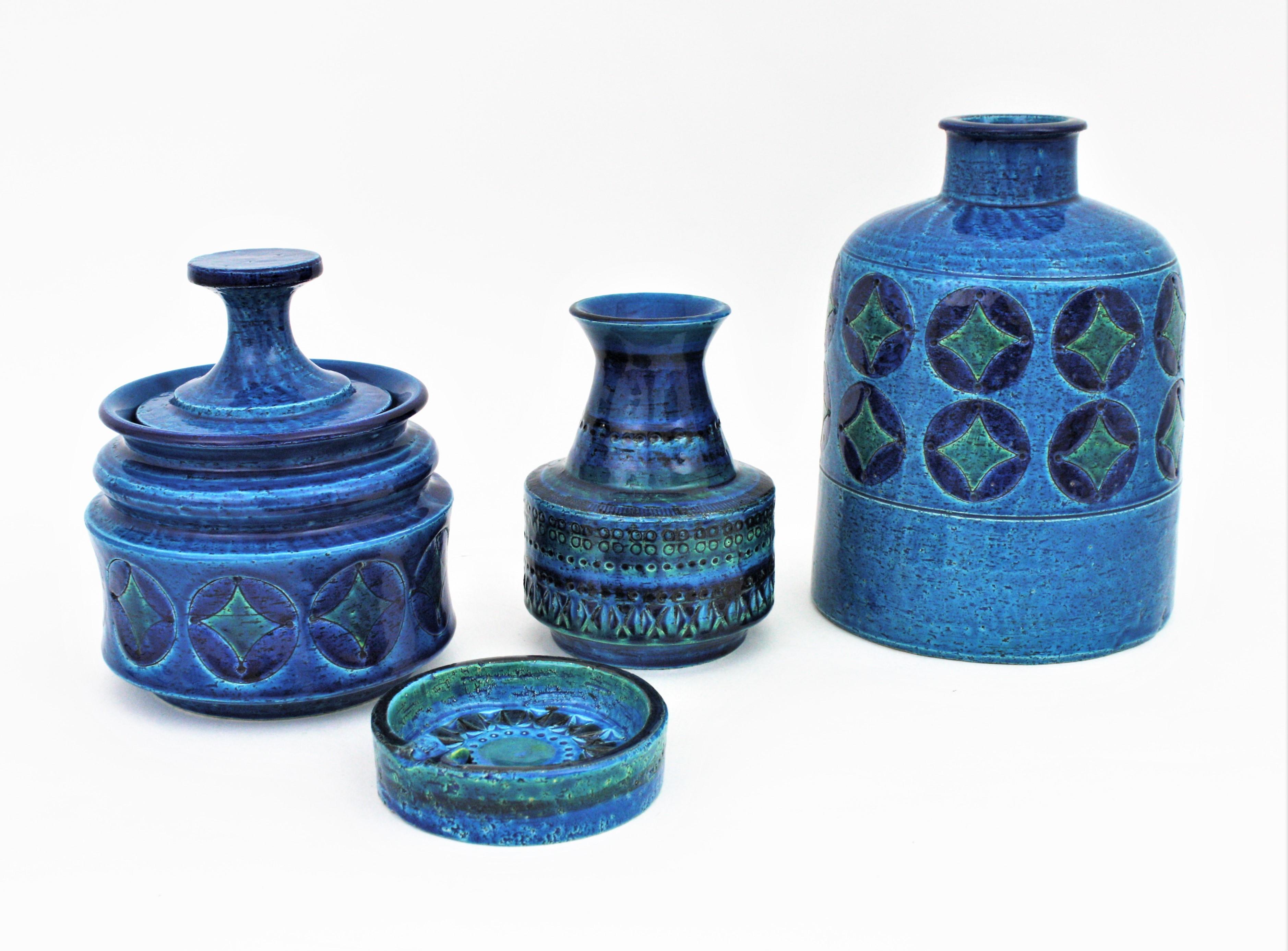 Aldo Londi Bitossi Blue Ceramic Lidded Box / Pot Circles and Rhombus Motif 4
