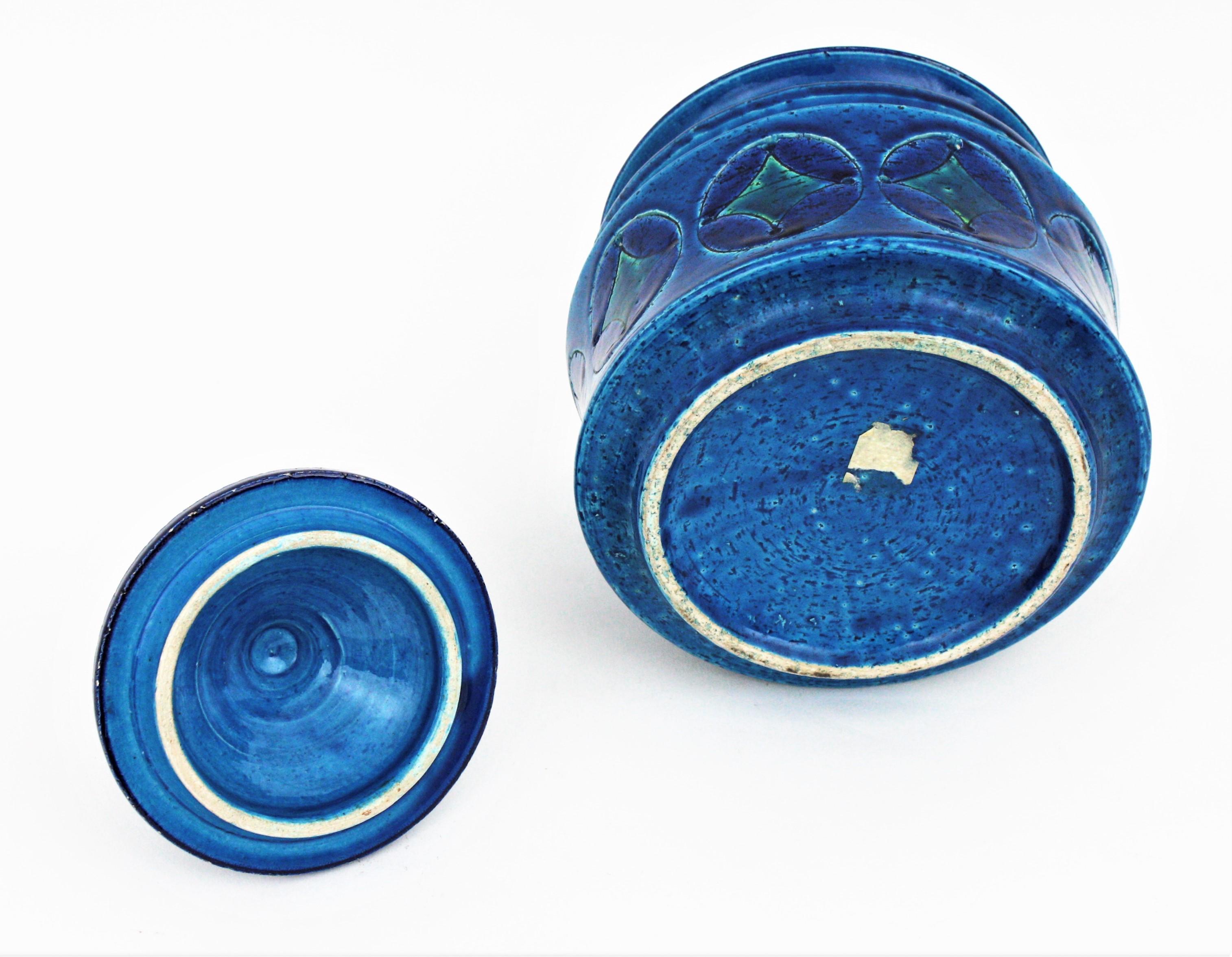 Aldo Londi Bitossi Blue Ceramic Lidded Box / Pot Circles and Rhombus Motif 5