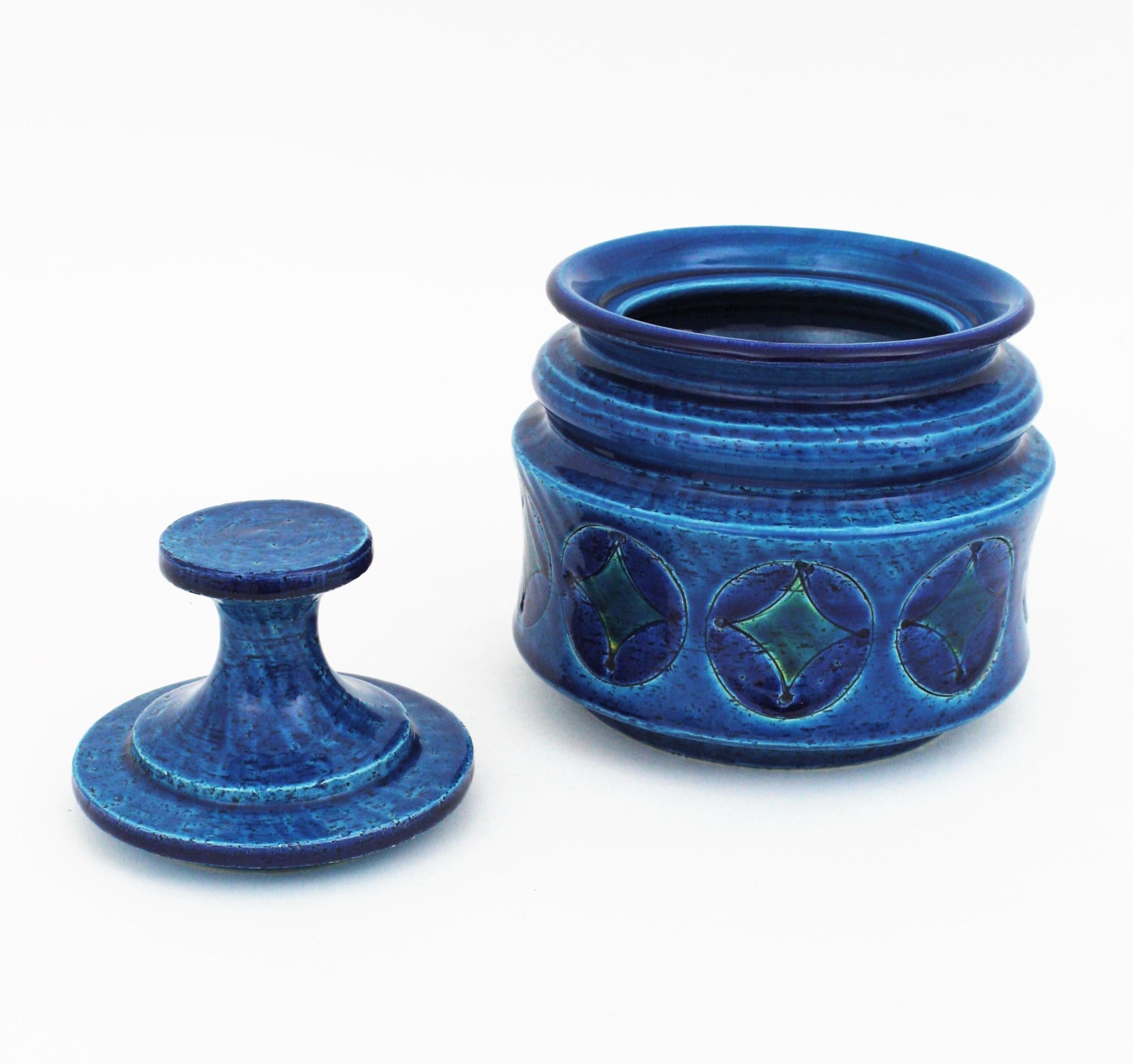 Mid-Century Modern Aldo Londi Bitossi Blue Ceramic Lidded Box / Pot Circles and Rhombus Motif