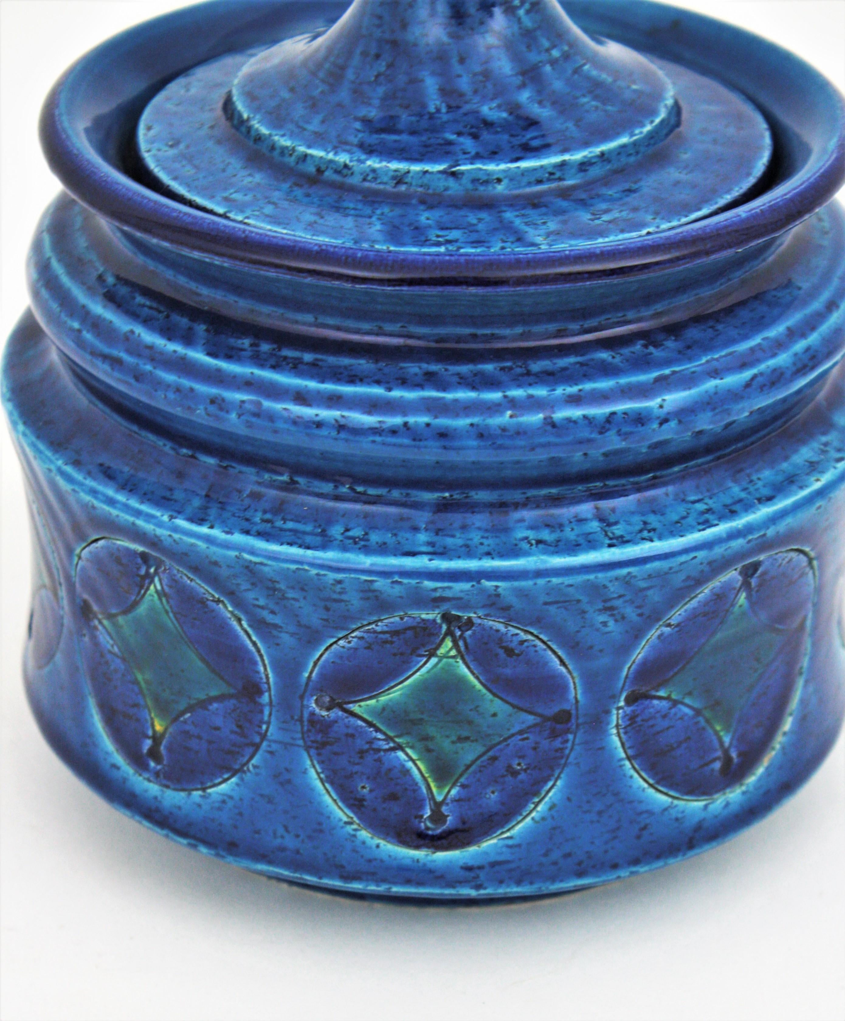 Italian Aldo Londi Bitossi Blue Ceramic Lidded Box / Pot Circles and Rhombus Motif