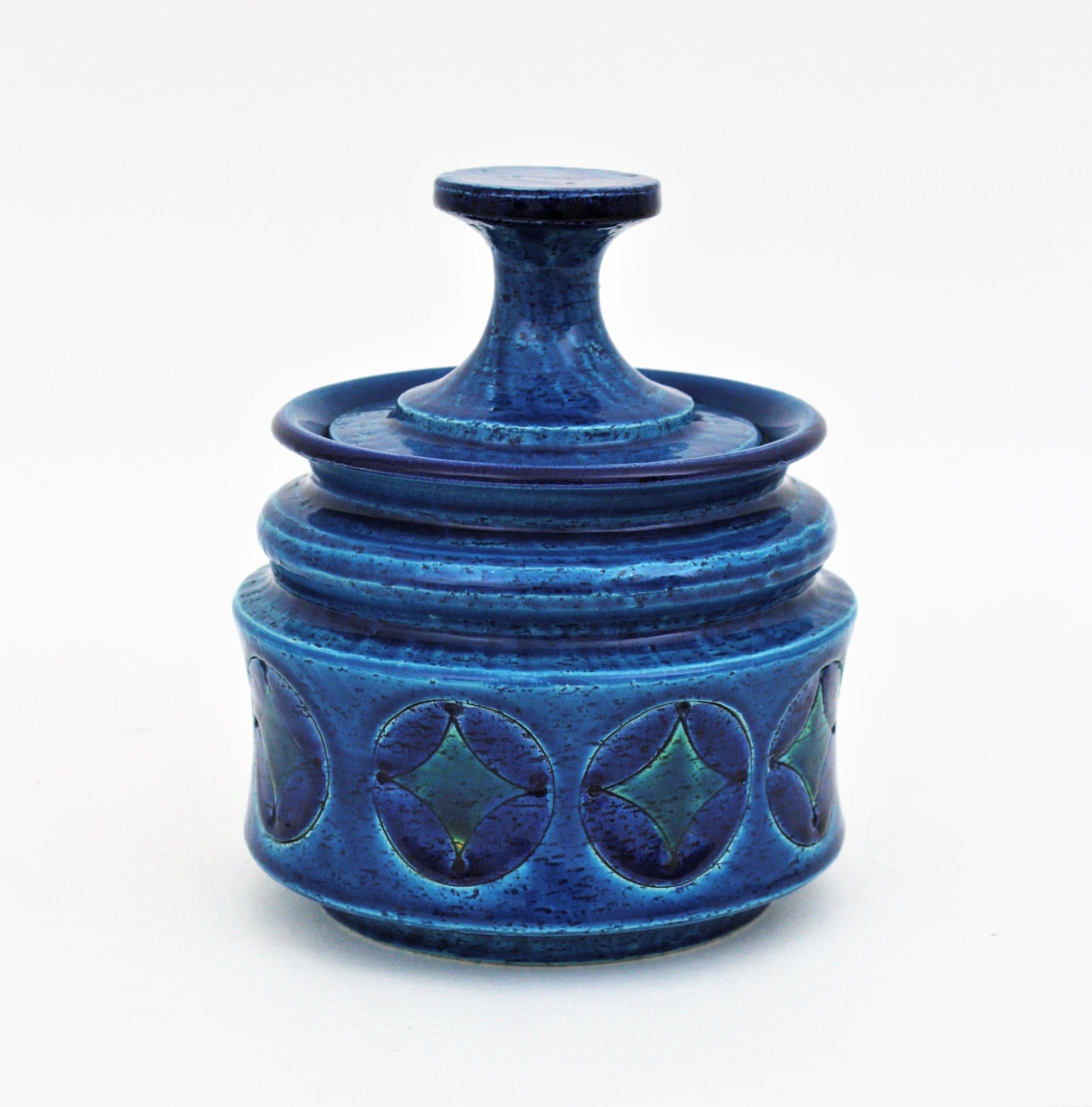 Glazed Aldo Londi Bitossi Blue Ceramic Lidded Box / Pot Circles and Rhombus Motif