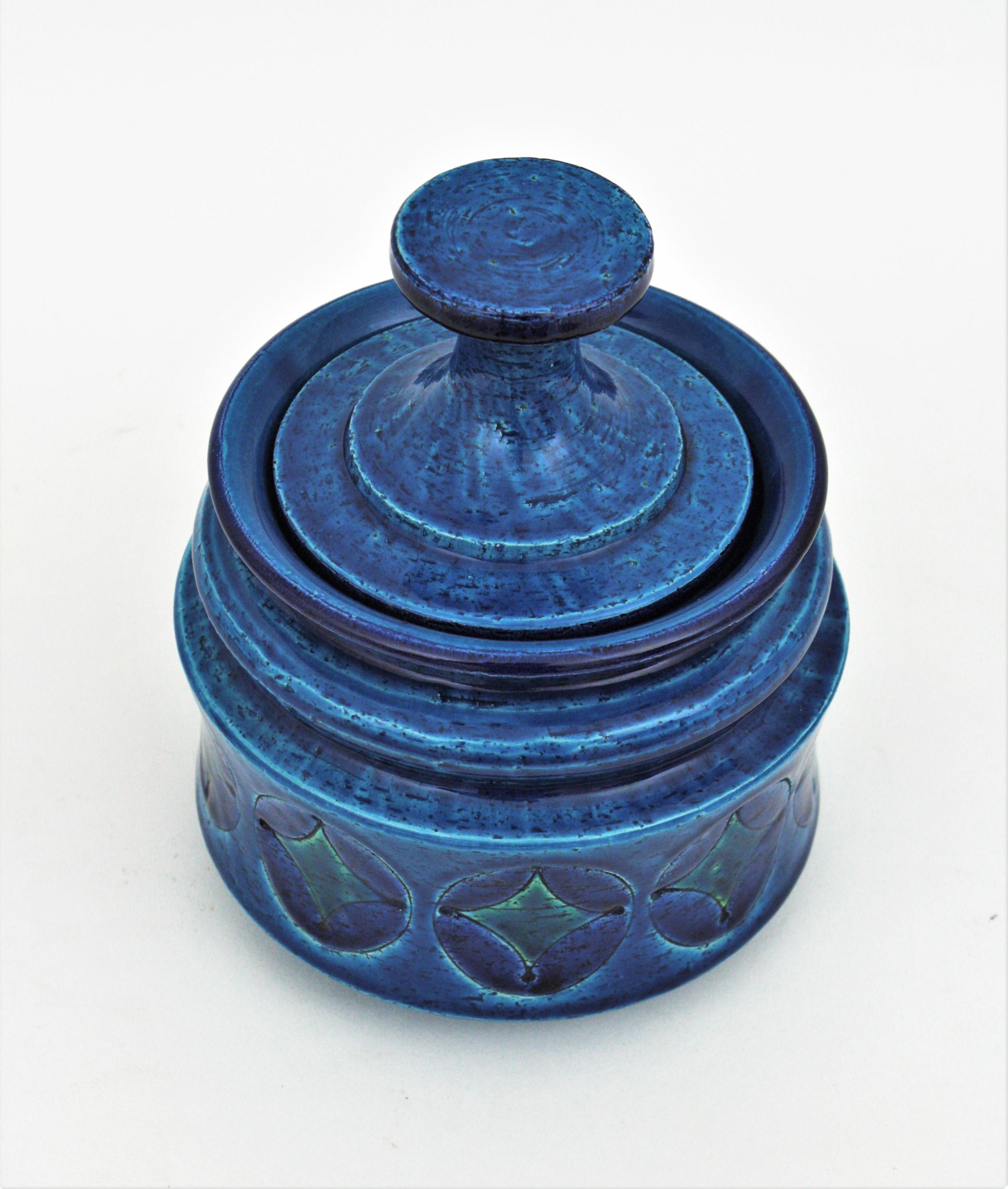 Aldo Londi Bitossi Blue Ceramic Lidded Box / Pot Circles and Rhombus Motif In Excellent Condition In Barcelona, ES