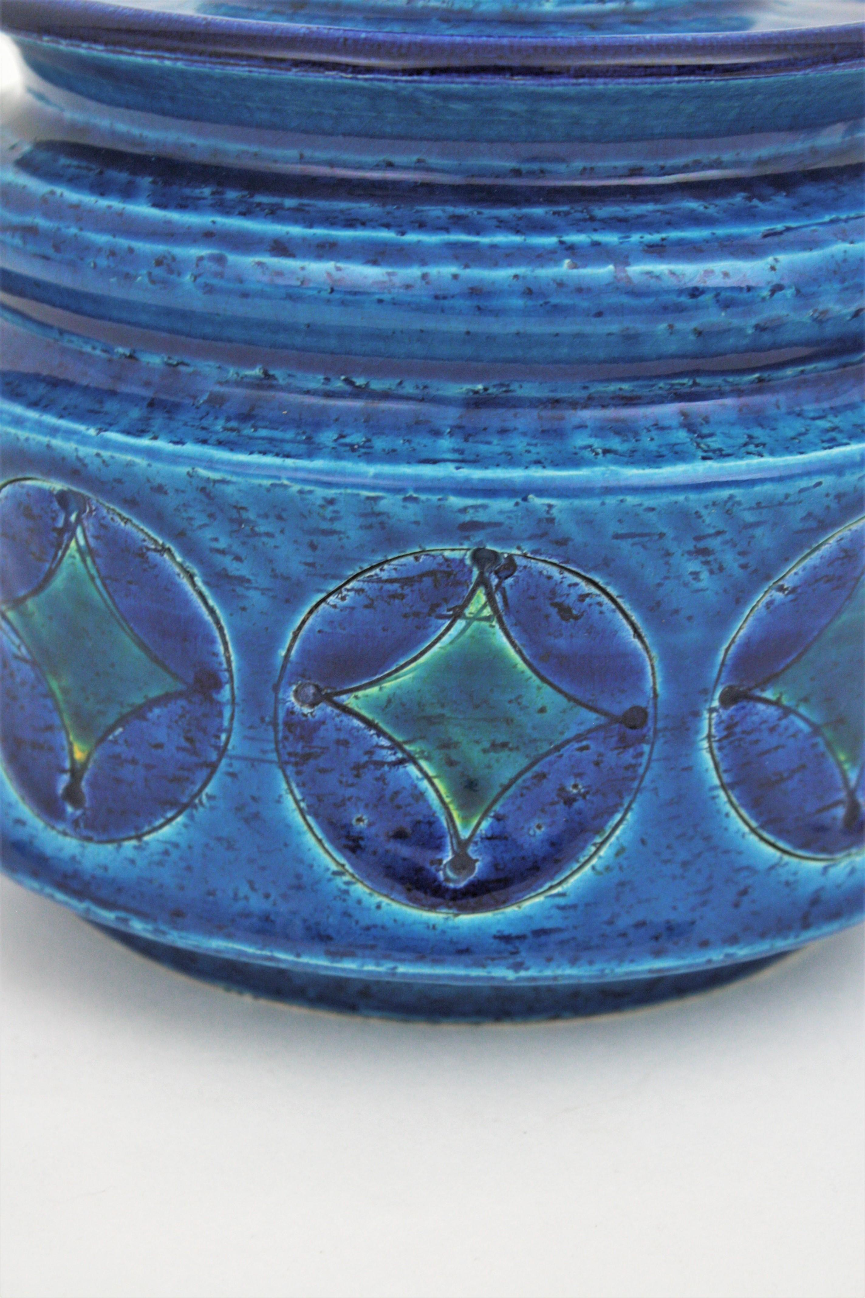 20th Century Aldo Londi Bitossi Blue Ceramic Lidded Box / Pot Circles and Rhombus Motif