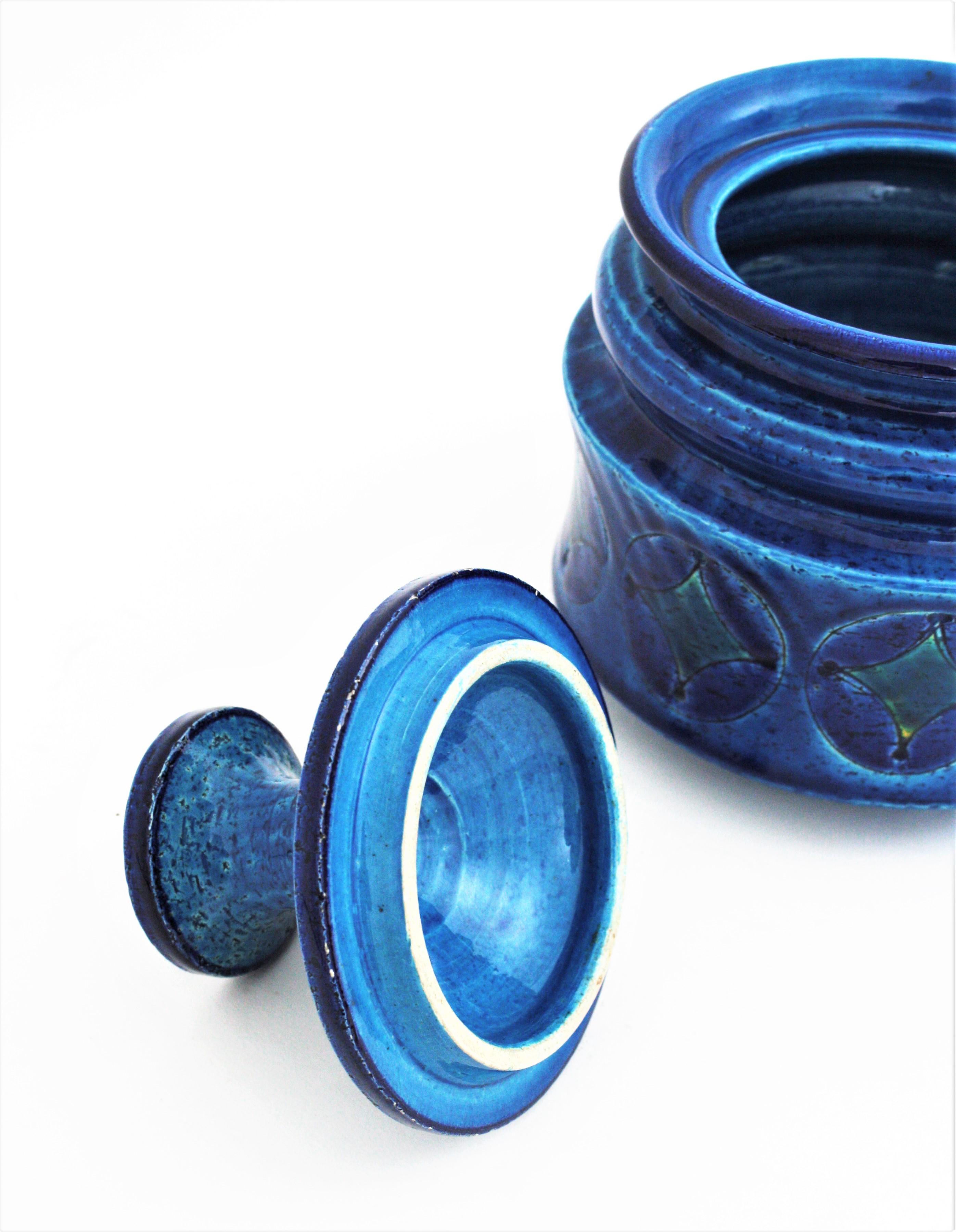 Aldo Londi Bitossi Blue Ceramic Lidded Box / Pot Circles and Rhombus Motif 1