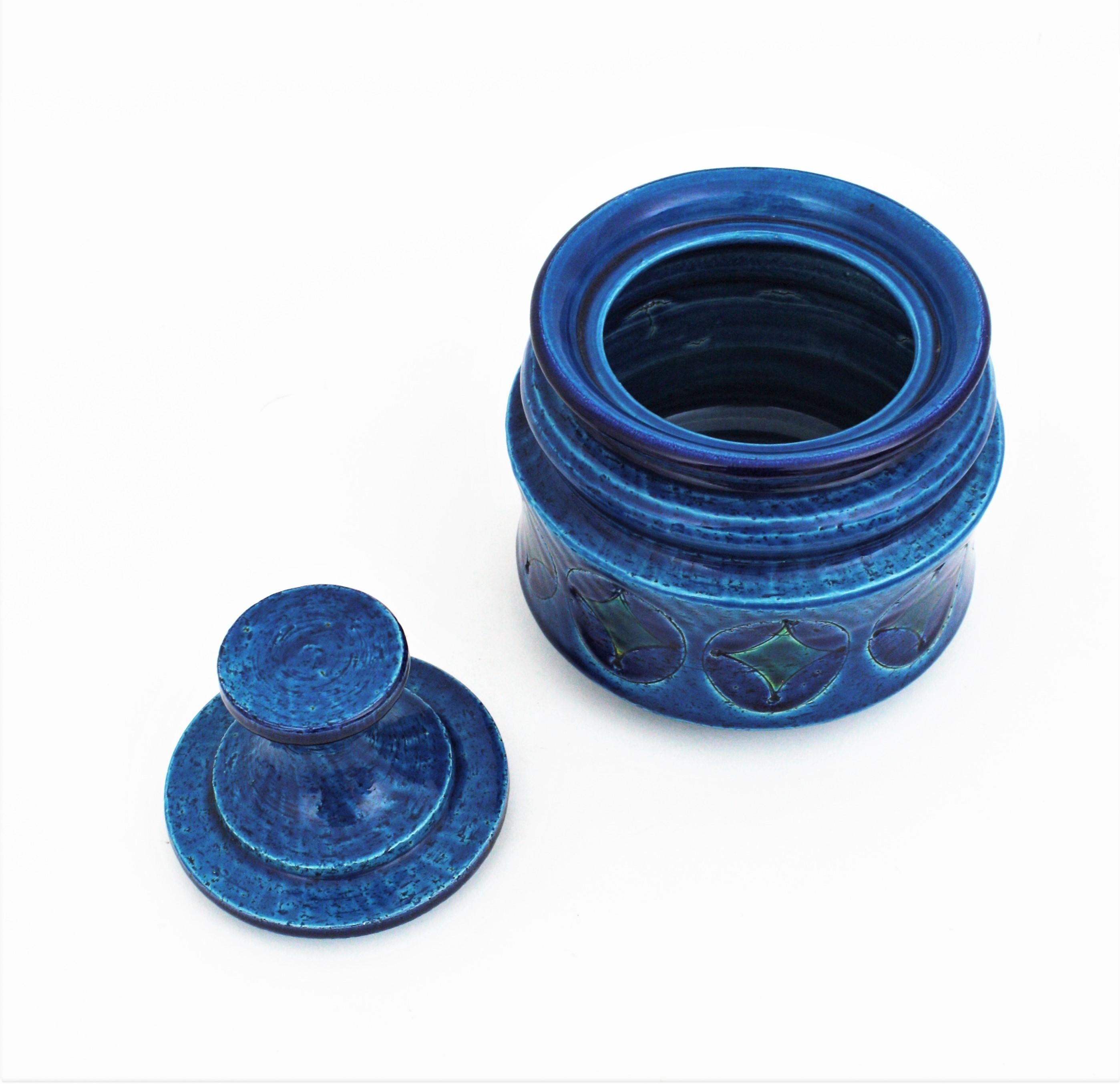 Aldo Londi Bitossi Blue Ceramic Lidded Box / Pot Circles and Rhombus Motif 2