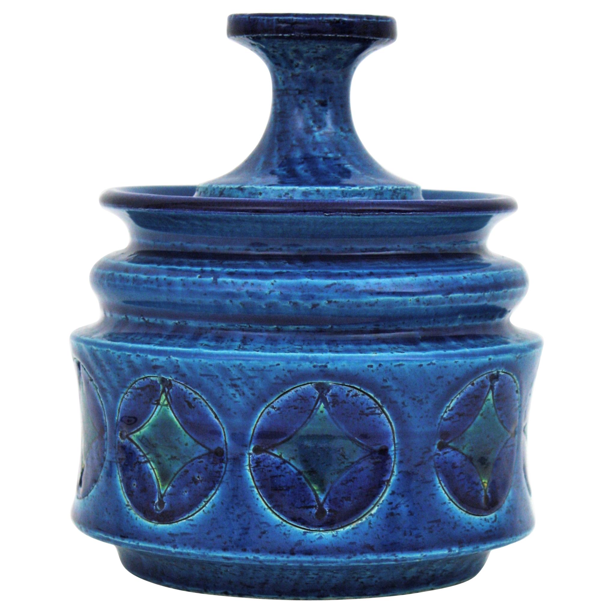 Aldo Londi Bitossi Blue Ceramic Lidded Box / Pot Circles and Rhombus Motif