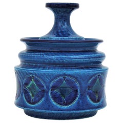 Aldo Londi Bitossi Blue Ceramic Lidded Box / Pot Circles and Rhombus Motif