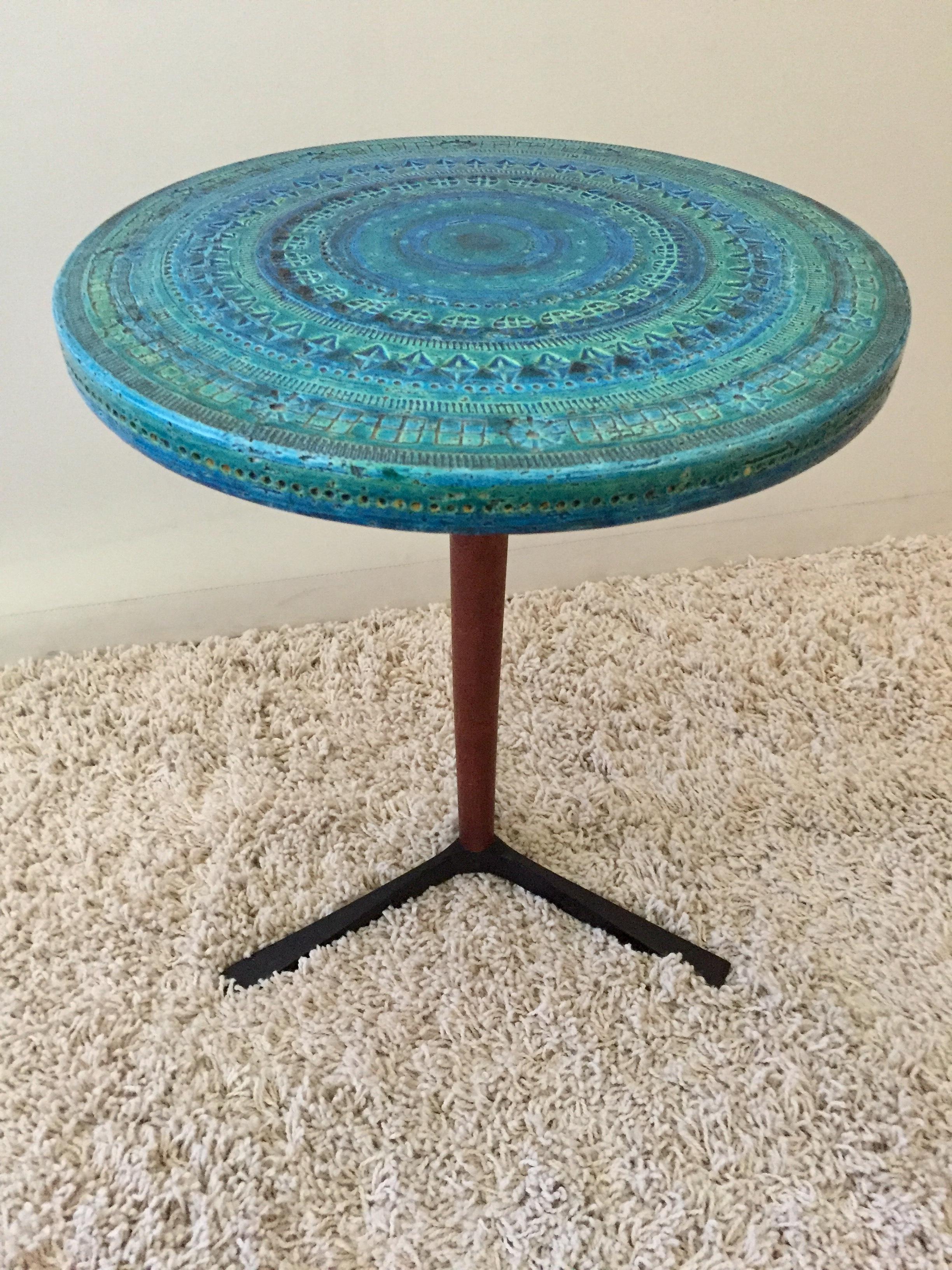 Aldo Londi Bitossi blue ceramic teak and black iron base table with paper label and signed number underside. Original condition. Retailed for Raymor co. Ceramics were made in Italy, but the table was produced in Denmark.