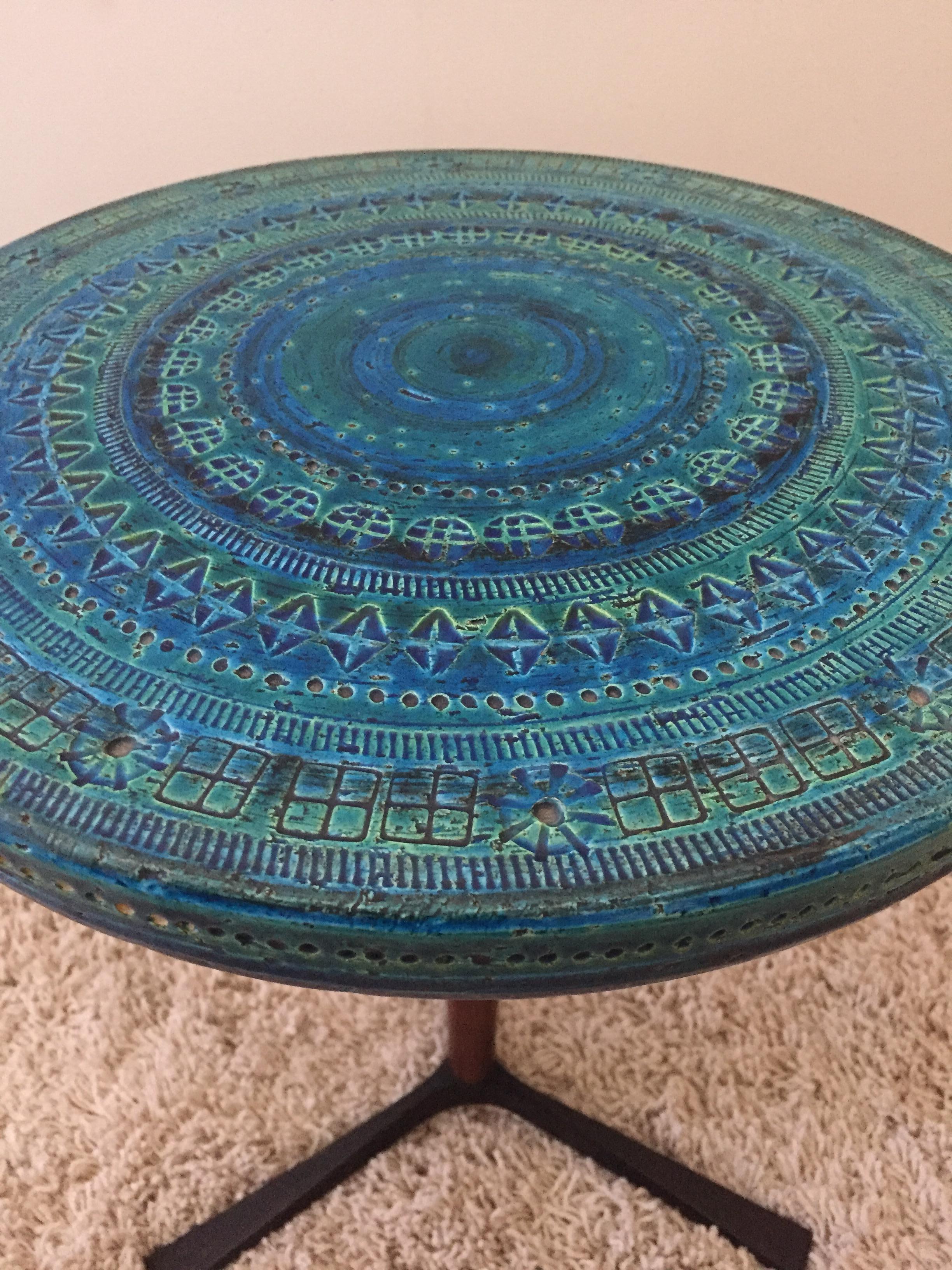 Blackened Aldo Londi Bitossi Blue Ceramic Teak Table