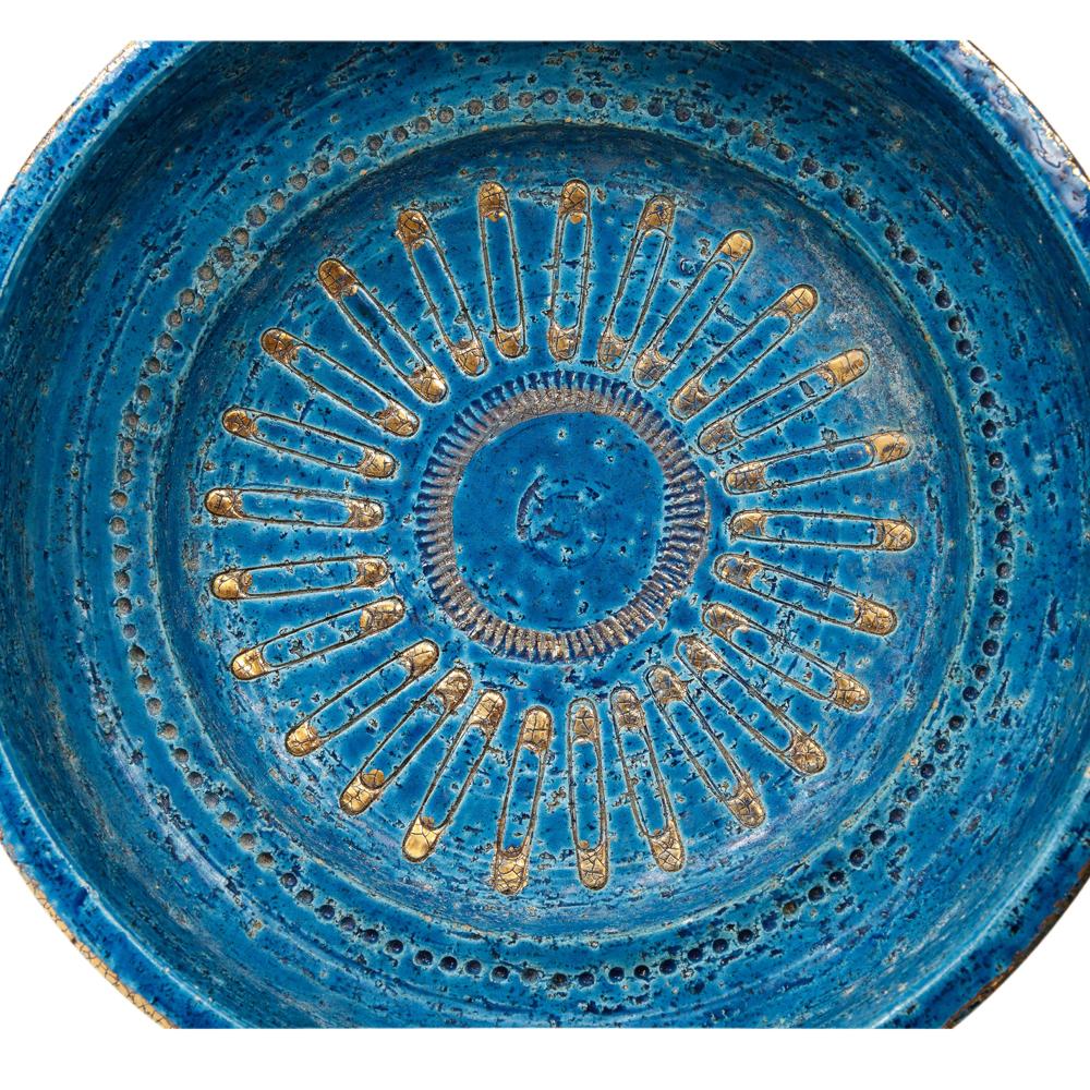 Aldo Londi Bitossi Bowl, Ceramic, Blue, Gold, Safety Pin, Signed 3