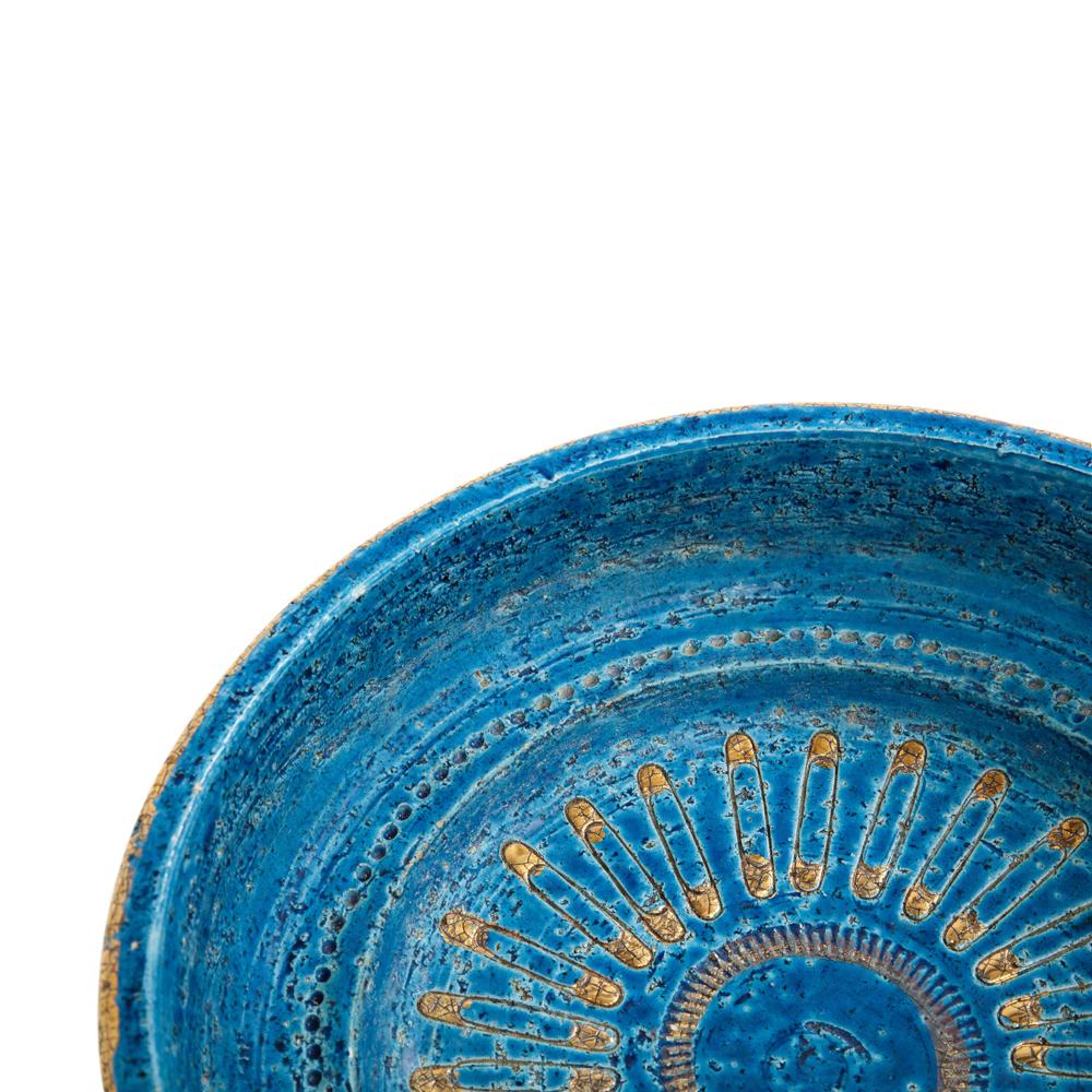 Aldo Londi Bitossi Bowl, Ceramic, Blue, Gold, Safety Pin, Signed 7