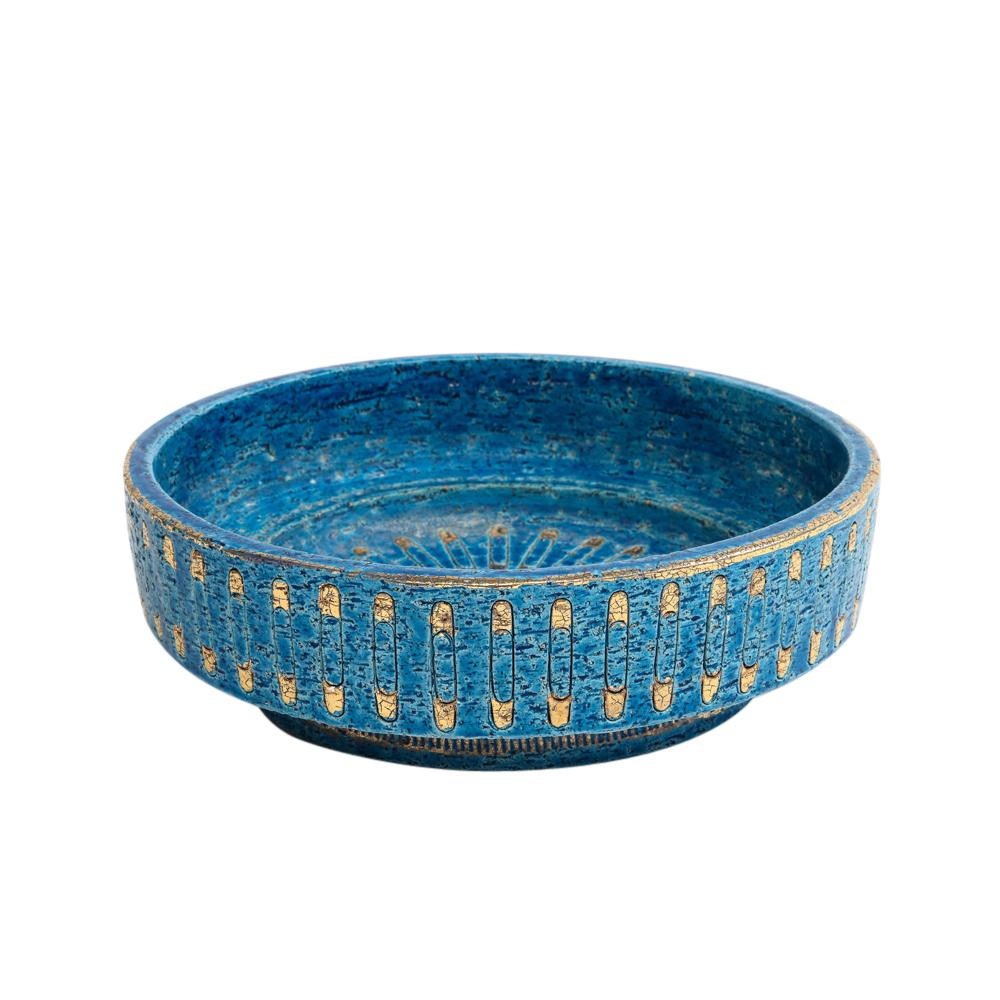 Mid-Century Modern Aldo Londi Bitossi Bowl, Ceramic, Blue, Gold, Safety Pin, Signed