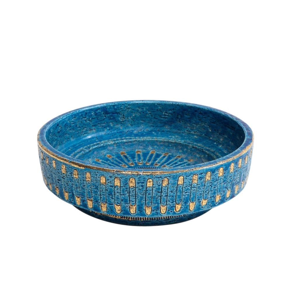 Aldo Londi Bitossi Bowl, Ceramic, Blue, Gold, Safety Pin, Signed In Good Condition In New York, NY