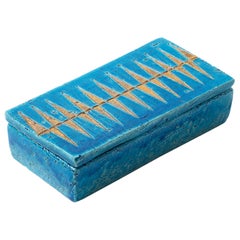 Caja Bitossi de Aldo Londi, cerámica, azul, dorada, geométrica, firmada