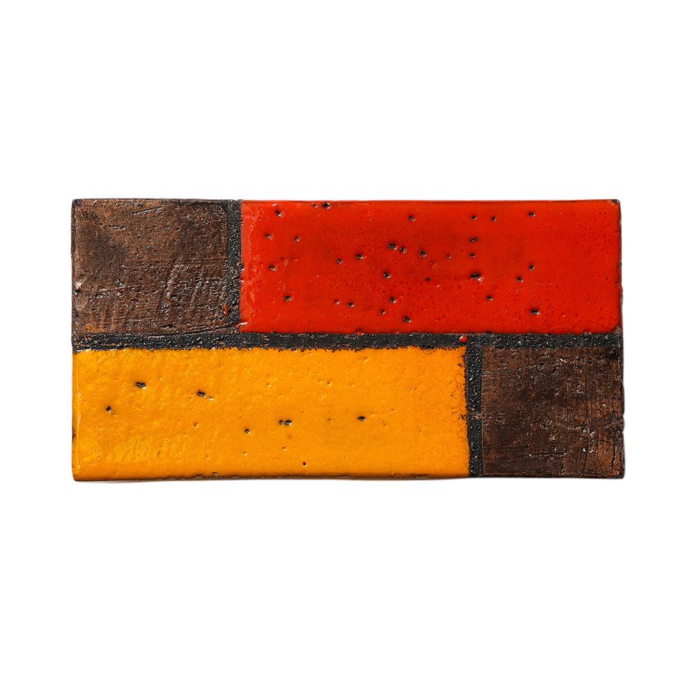Aldo Londi Caja Bitossi, Cerámica, Mondrian, Abstracto, Rojo, Amarillo, Firmado.  Caja Mondrian a pequeña escala decorada con rectángulos y líneas y esmaltada en rojo, amarillo y negro. Firmado débilmente en la parte inferior de la caja en esmalte