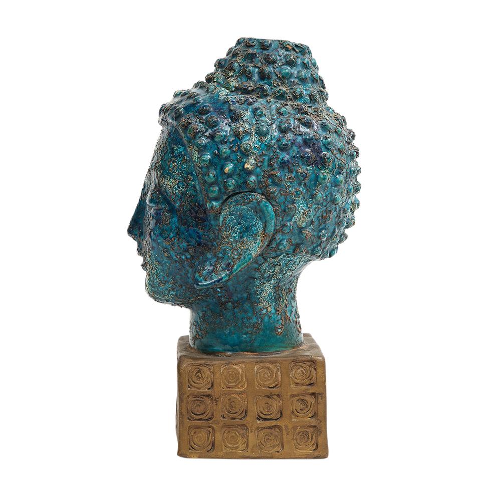 Aldo Londi Bitossi Buddha Bust, Ceramic, Blue, Gold, Rosenthal Netter, Signed. Medium scale blue and gold glazed ceramic Buddha bust from Aldo Londi's Cinese series. Aldo Londi's 