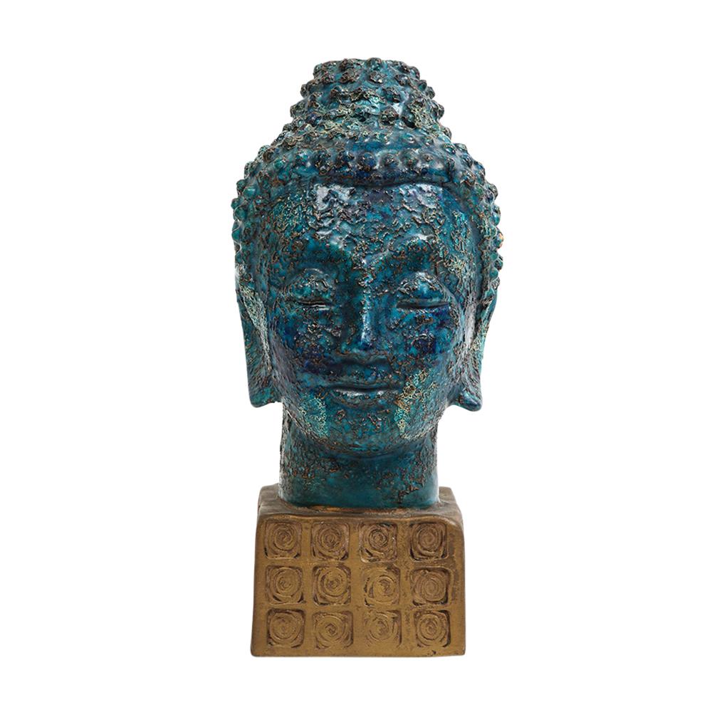 Mid-Century Modern Aldo Londi Bitossi Buddha Bust, Ceramic, Blue, Gold, Rosenthal Netter, Signed For Sale