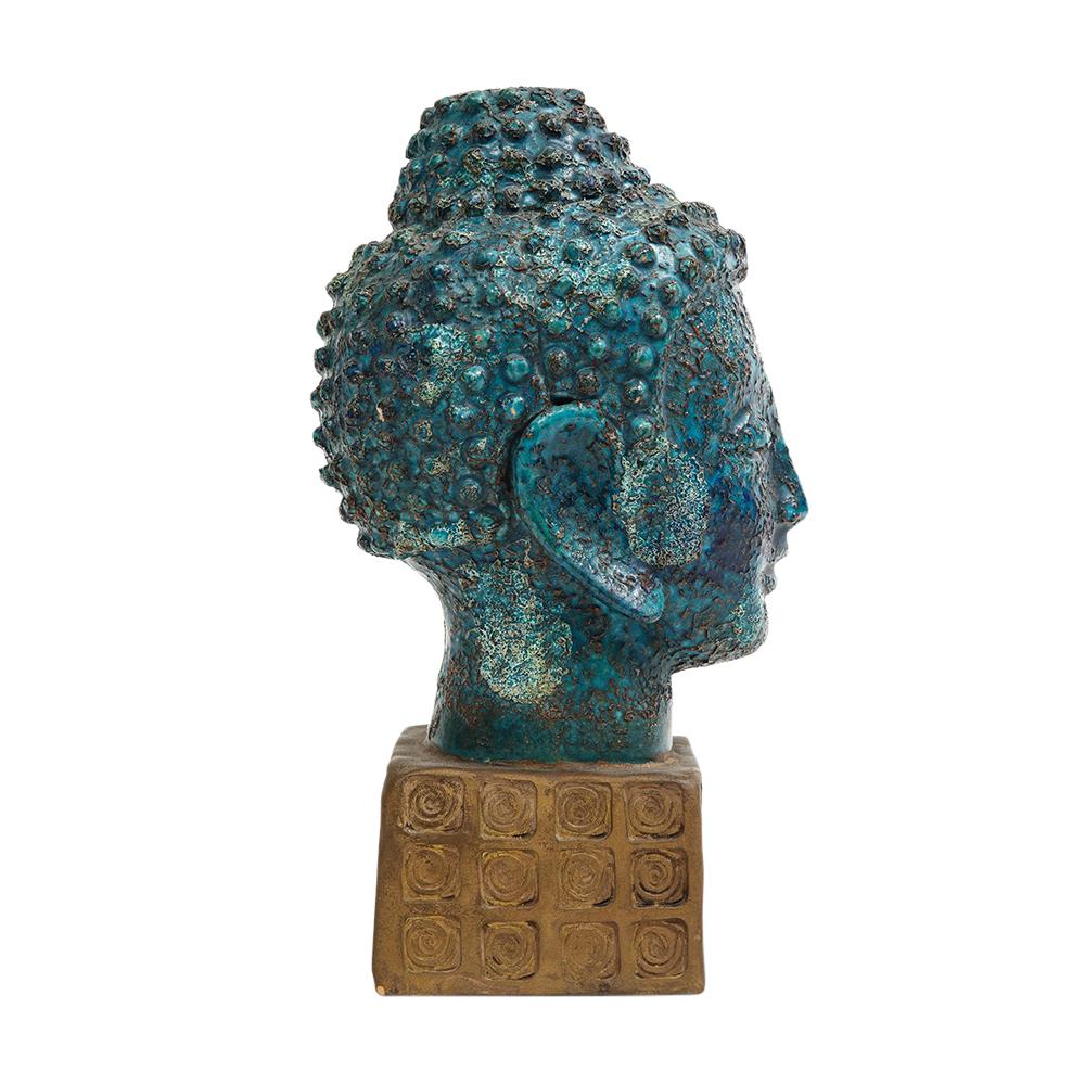 Italian Aldo Londi Bitossi Buddha Bust, Ceramic, Blue, Gold, Rosenthal Netter, Signed For Sale