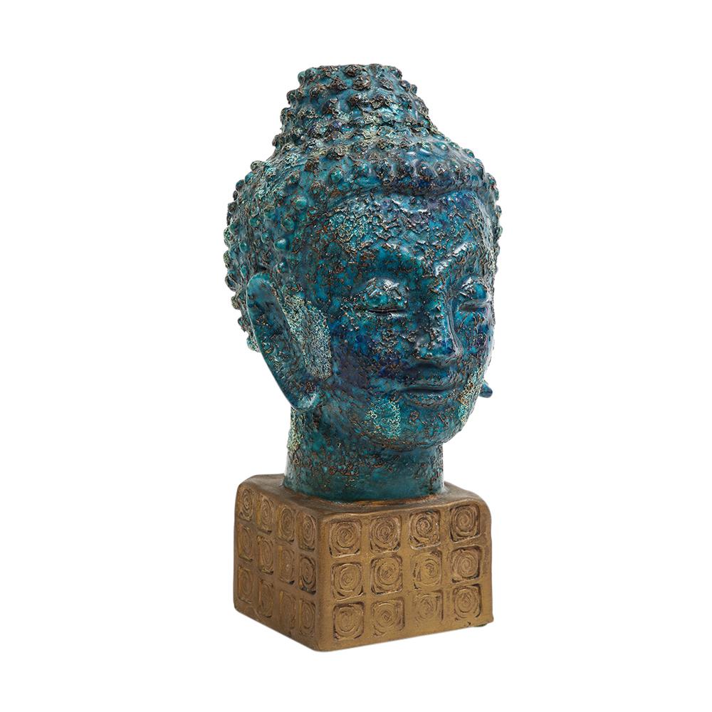 Aldo Londi Bitossi Buddha Bust, Ceramic, Blue, Gold, Rosenthal Netter, Signed In Good Condition For Sale In New York, NY