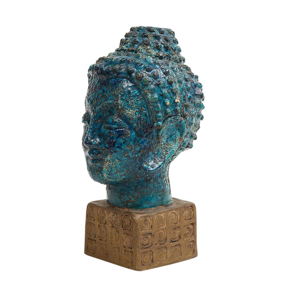 Mid-20th Century Aldo Londi Bitossi Buddha Bust, Ceramic, Blue, Gold, Rosenthal Netter, Signed For Sale