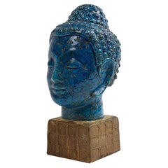 Buddha-Büste von Aldo Londi Bitossi, Keramik, Blau, Gold, Rosenthal Netter, signiert