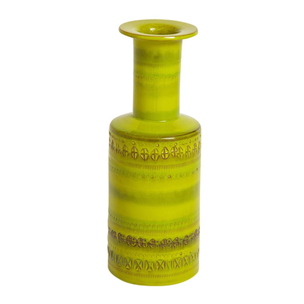 Bitossi vase, ceramic chartreuse, signed. Tall stepped form vase with impressed pattern. Signed on underside: 8683, Italy.