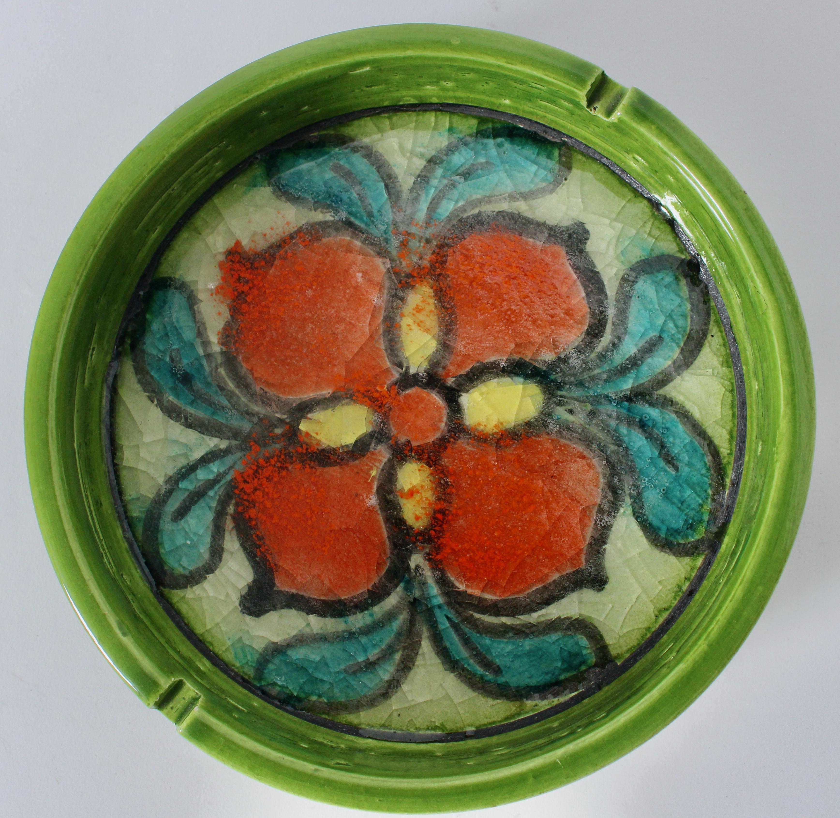 Cenicero de cerámica Aldo Londi Bitossi Primavera Floral Verde y Rojo Glaseado en venta