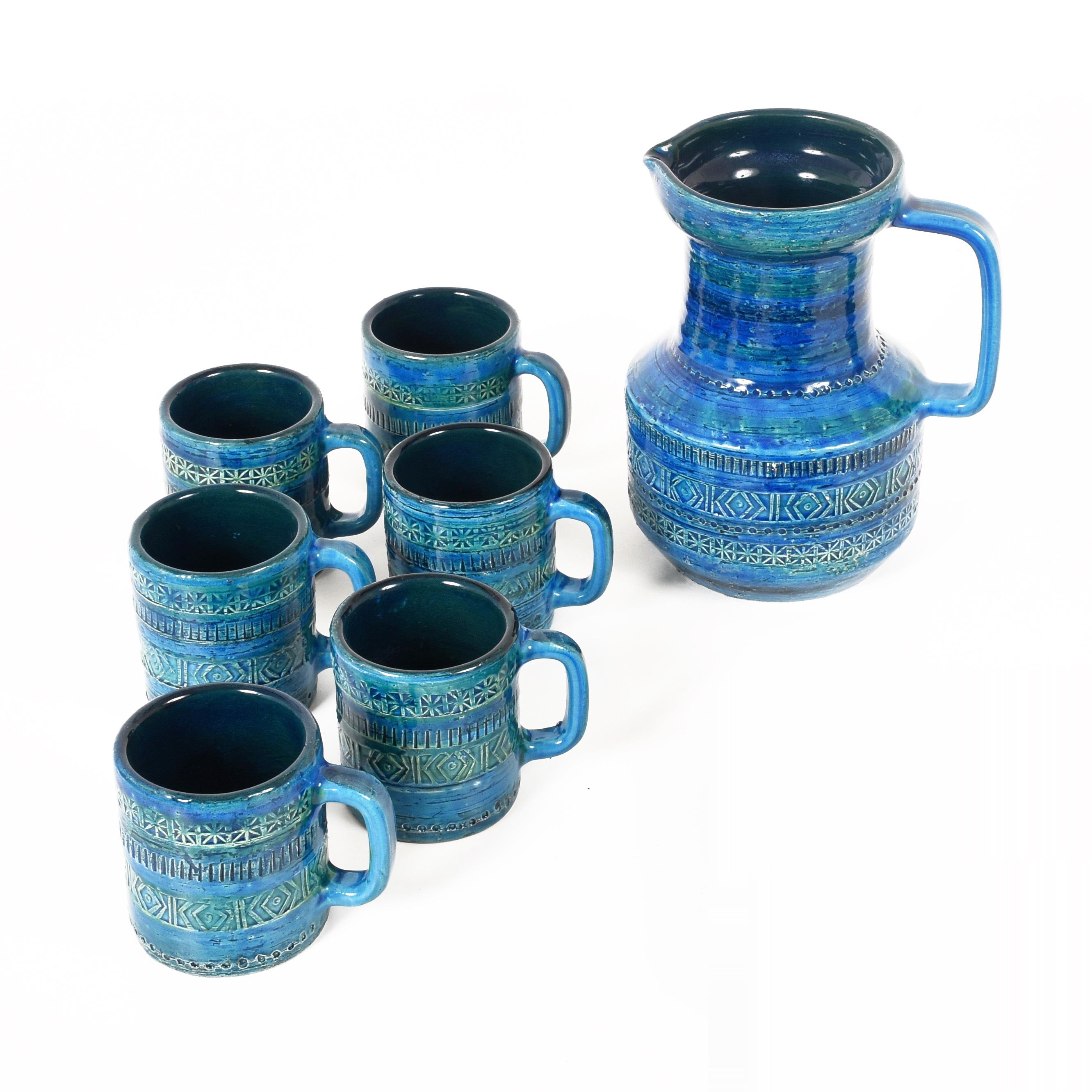 Mid-Century Modern Aldo Londi, Bitossi Ceramics, Set Carafe and Glasses, Rimini Blue, Italy 1960s