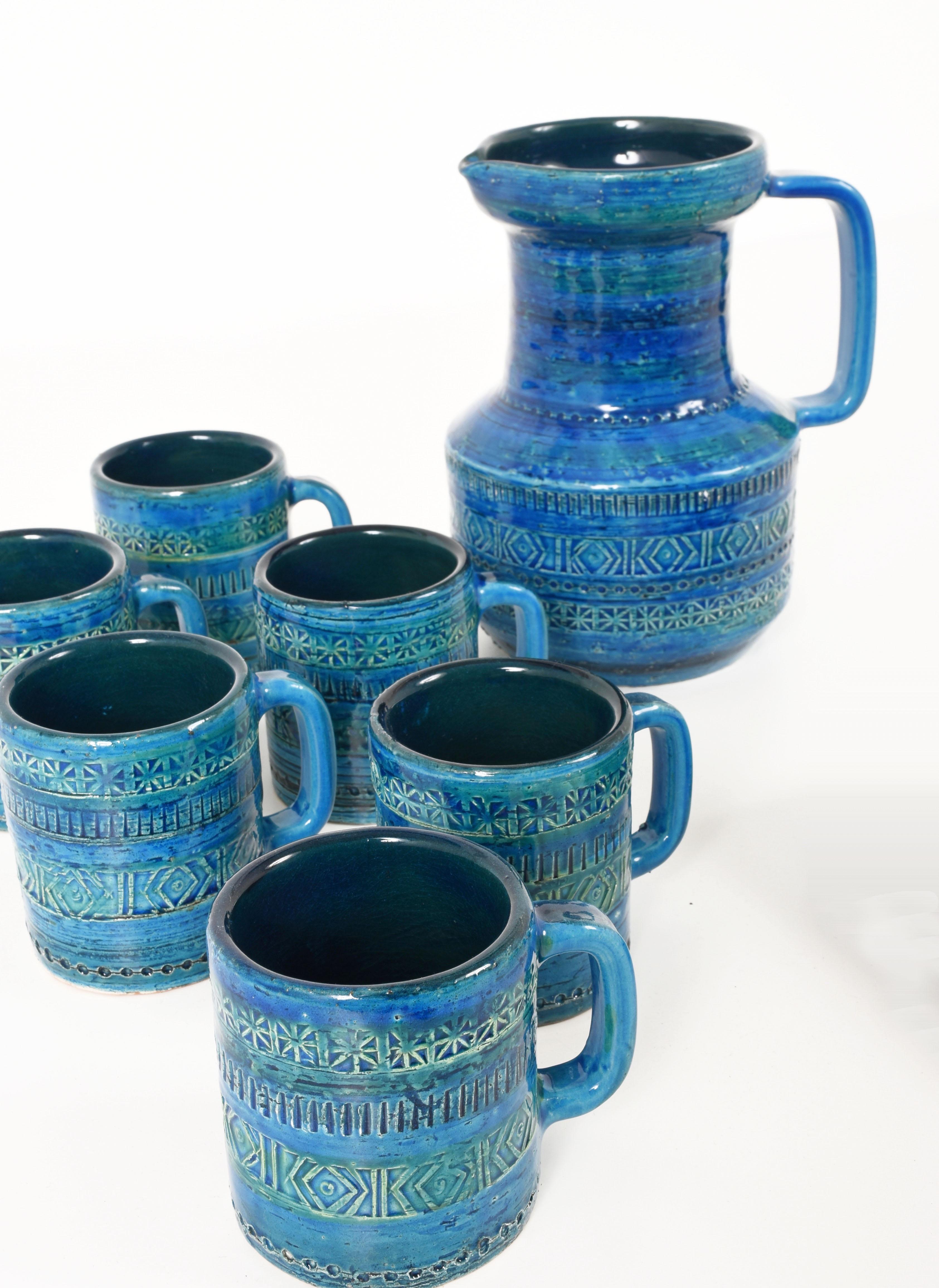 Italian Aldo Londi, Bitossi Ceramics, Set Carafe and Glasses, Rimini Blue, Italy 1960s