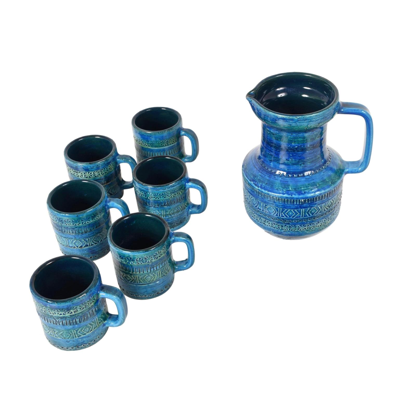 Aldo Londi, Bitossi Ceramics, Set Carafe and Glasses, Rimini Blue, Italy 1960s 1