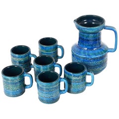 Aldo Londi, Bitossi Ceramics, Set Carafe and Glasses, Rimini Blue, Italy 1960s