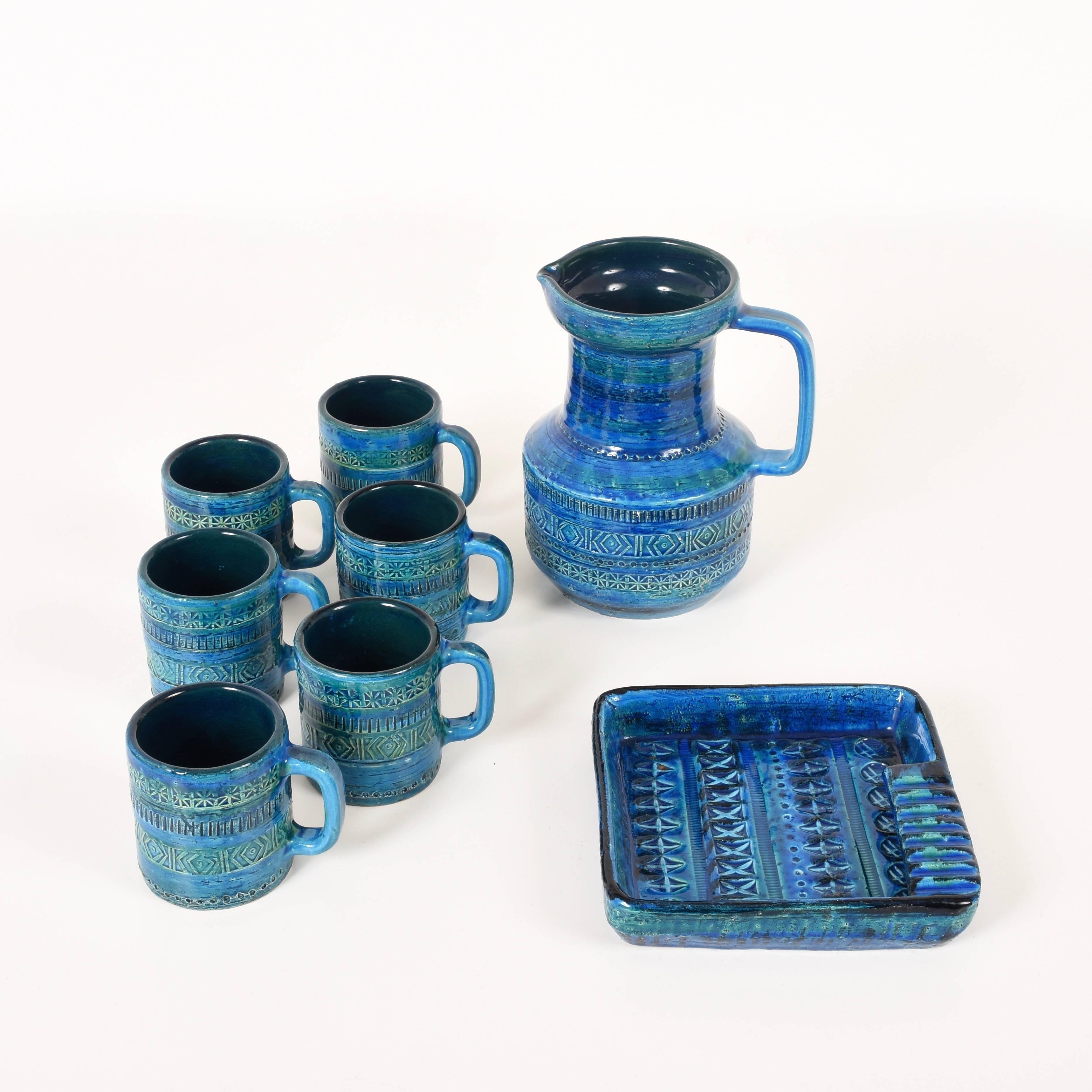 Italian Aldo Londi, Bitossi Ceramics, Set of Eight Rimini Blue, Square Ashtray, Italy