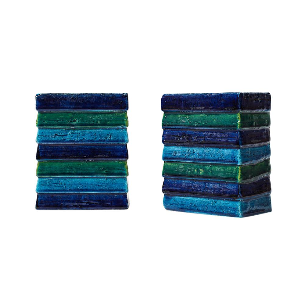 Aldo Londi Bitossi for Raymor Cordova Bookends, Ceramic, Blue, Green, Signed. Small scale stacked, rectangular form, bookends from Aldo Londi's Cordova decor series. Each bookend is glazed in a slightly varied patterns dark blue, a lighter blue, and