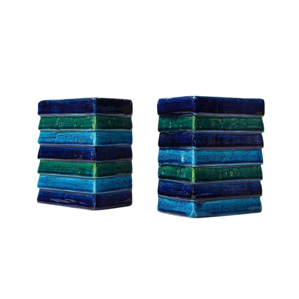 Mid-Century Modern Aldo Londi Bitossi for Raymor Cordova Bookends, Ceramic, Blue, Green, Signed For Sale