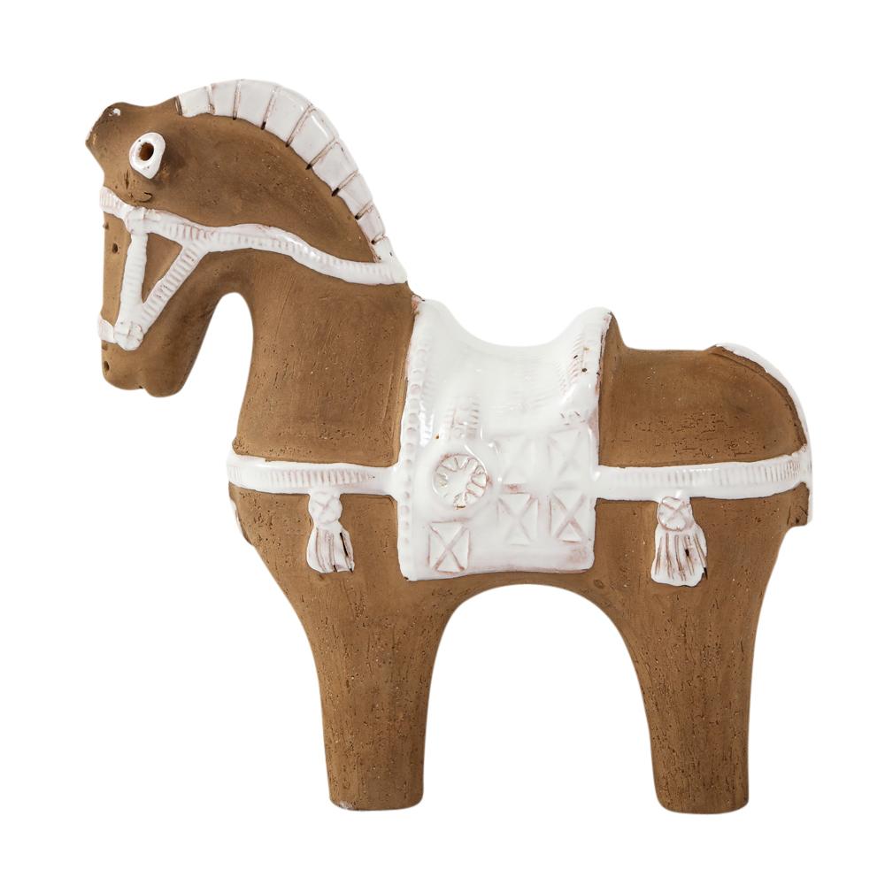 Aldo Londi Bitossi horse, ceramic, brown and white. Medium scale horse with white glaze over a coarse matte brown raw clay. Small indentation to right rear leg done in the production of the ceramic (see photo 12).  2 minute firing cracks on its