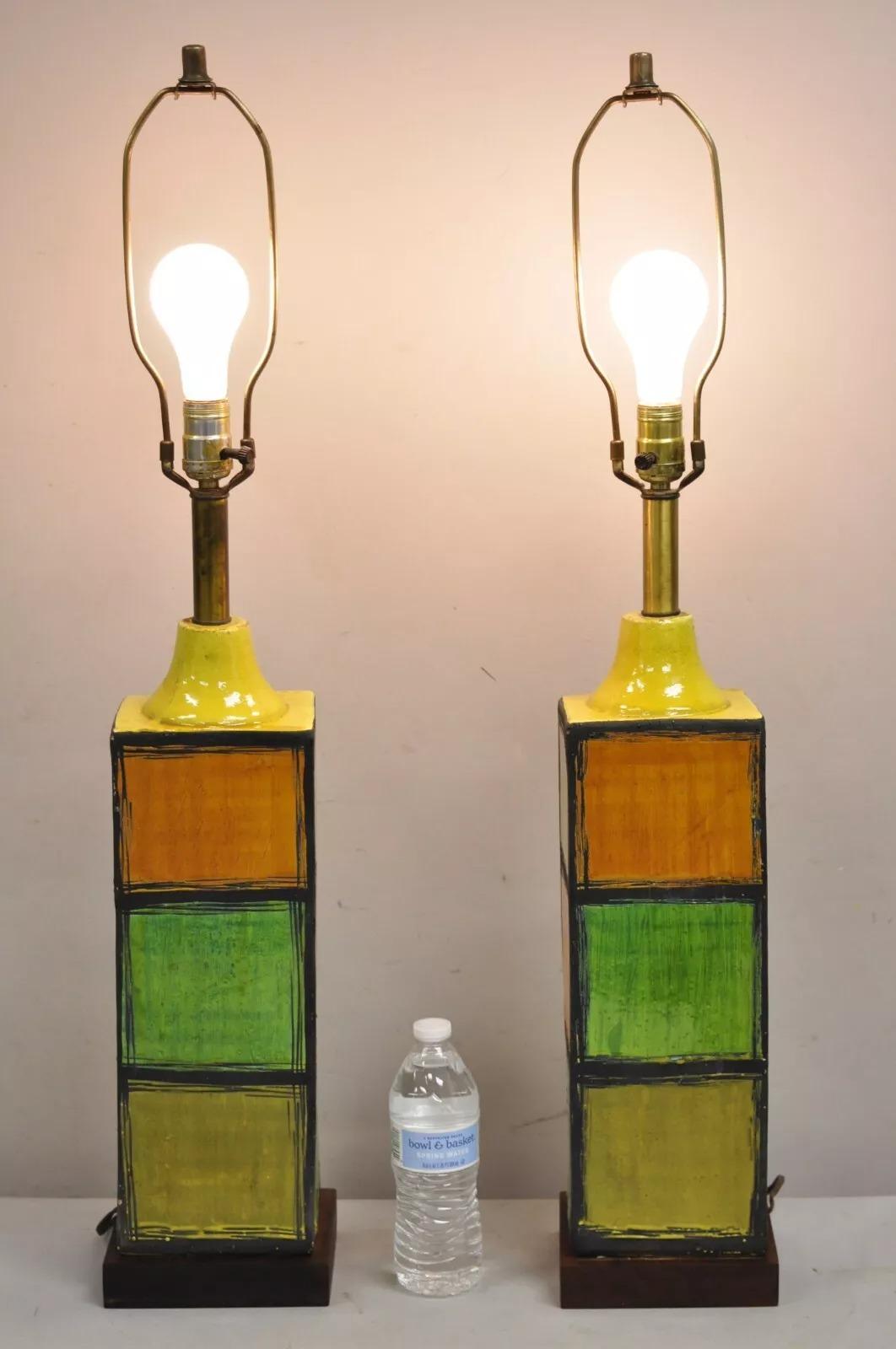 Paar quadratische Keramikvasen-Tischlampen, Aldo Londi Bitossi, Italien, Moderne der Mitte des Jahrhunderts im Angebot 5