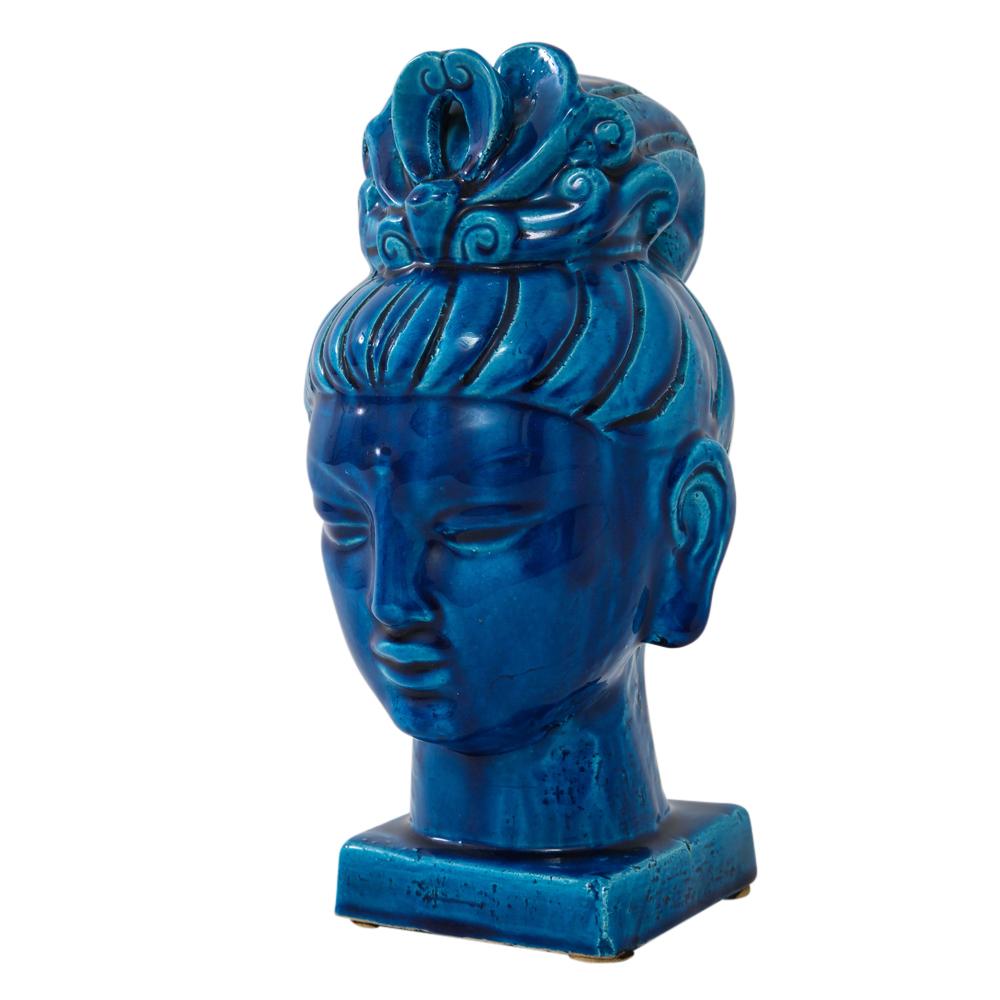 Aldo Londi Bitossi Kwan Yin blue bust, ceramic, Buddha, signed. Beautiful and calming female Buddha glazed in a vibrant dark blue. Retains original paper export label which reads: Made in Italy 47/104. Felt pads on the underside base.

According