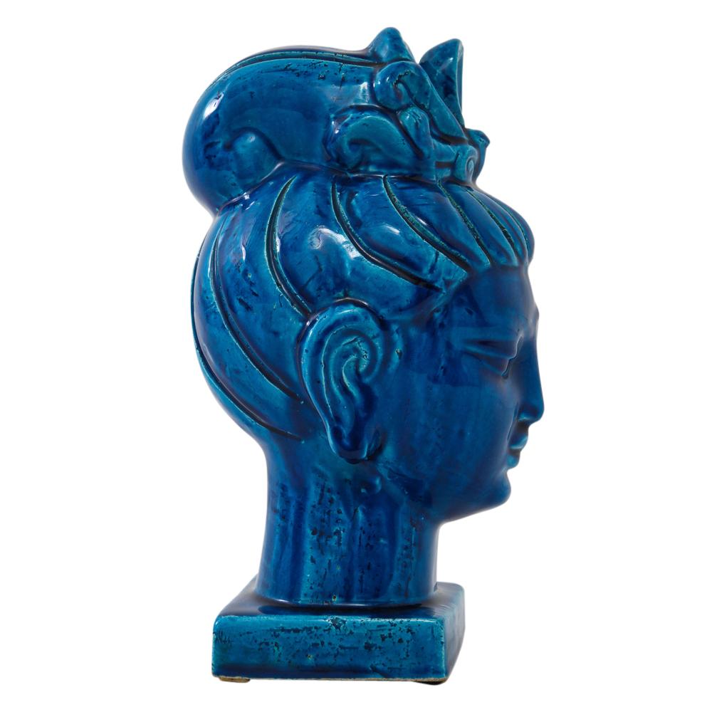 Mid-Century Modern Aldo Londi Bitossi Kwan Yin Blue Bust, Ceramic, Buddha, Signed