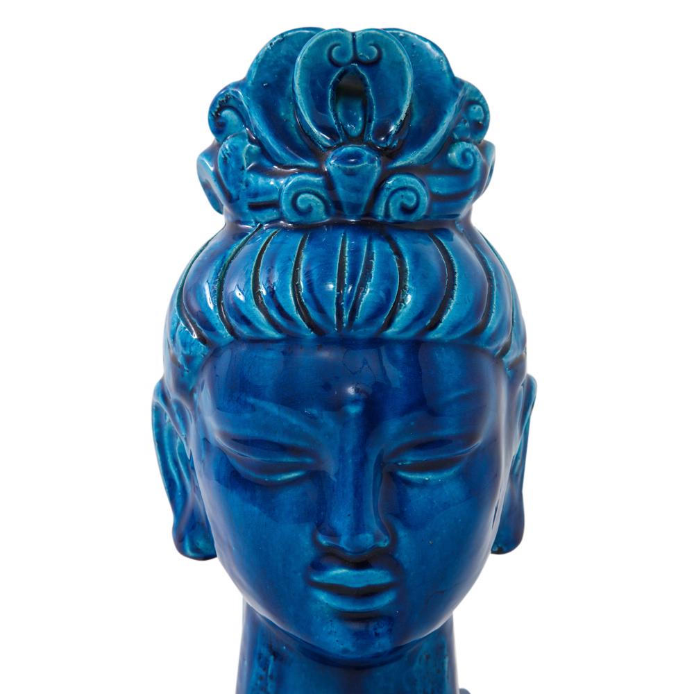 Glazed Aldo Londi Bitossi Kwan Yin Blue Bust, Ceramic, Buddha, Signed